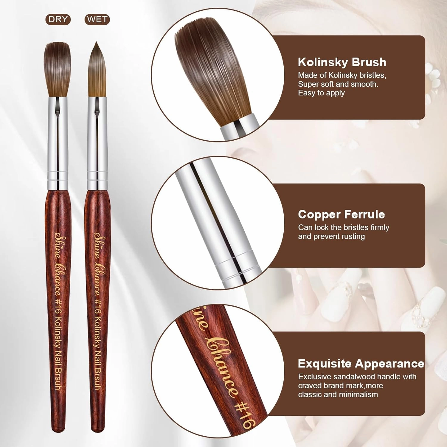 Acrylic Nail Art Brush Size 18, 100% Pure Kolinsky Hair Oval Nail Brush for Acrylic Application, Professional Nail Extension Manicure Tool Striping Nail Drawing Pen for DIY Home Salon