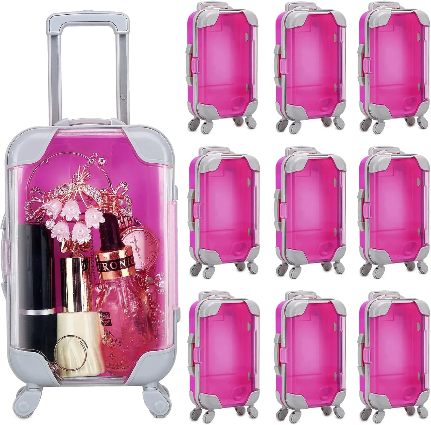 AIOMOB 10 Pack Mini Suitcase Party Favor Gift Box Plastic False Eyelashes Packaging Luggage Box for Travel Wedding Bachelorette Party Bridesmaid Bridal Shower Favors Decorations (Hot Pink)