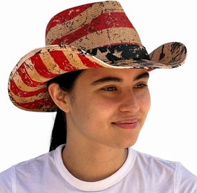American Western Straw Cowboy Hat Men's Womens Hard Patriotic Classic Hard Shell Sun Protection Hats (American Colors Teastained)