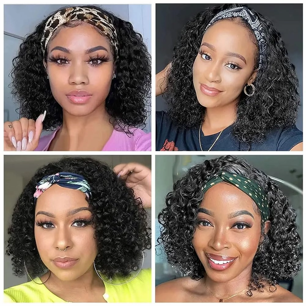 Annora Headband Wigs Curly Wave Human Hair Wear and Go Glueless Wigs for Black Women 100% Human Hair Wigs Short Headband Wig 150% Density Natural Color Bob Wig 10 Inch