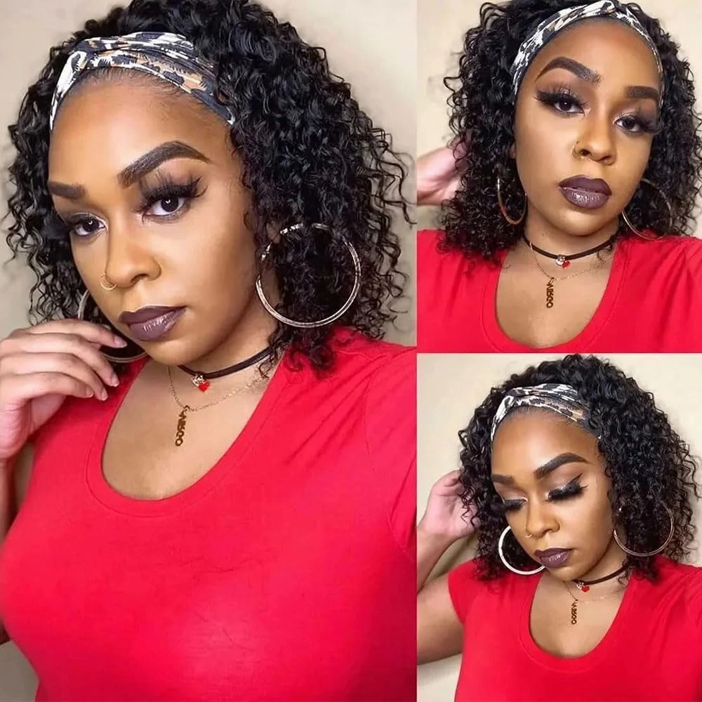 Annora Headband Wigs Curly Wave Human Hair Wear and Go Glueless Wigs for Black Women 100% Human Hair Wigs Short Headband Wig 150% Density Natural Color Bob Wig 10 Inch