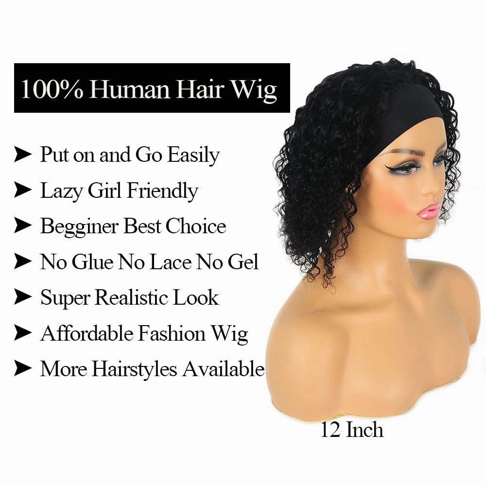 Annora Headband Wigs Curly Wave Human Hair Wear and Go Glueless Wigs for Black Women 100% Human Hair Wigs Short Headband Wig 150% Density Natural Color Bob Wig 10 Inch