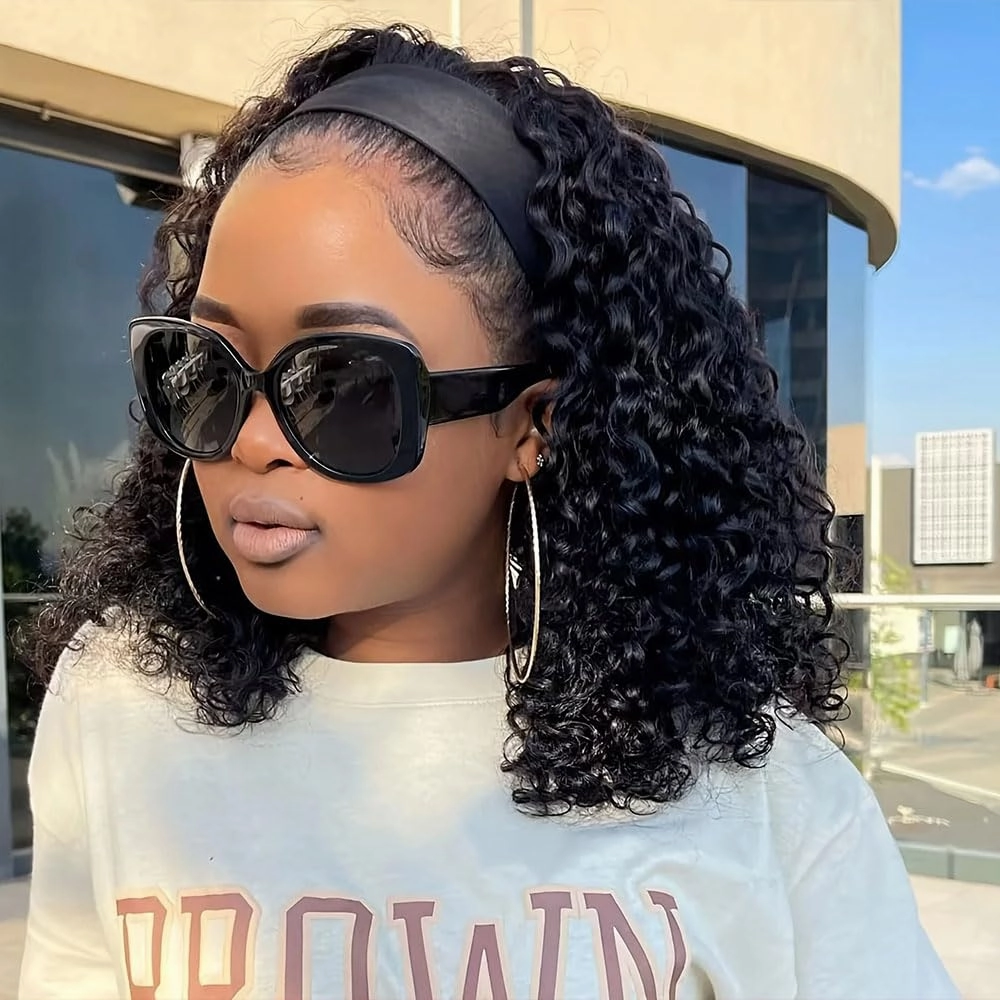 Annora Headband Wigs Curly Wave Human Hair Wear and Go Glueless Wigs for Black Women 100% Human Hair Wigs Short Headband Wig 150% Density Natural Color Bob Wig 10 Inch