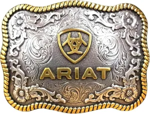ARIAT Large Scalloped Shape Buckle with Logo, Floral and Scroll Detail, Twisted Rope Trim, 3.75"x 2.75"