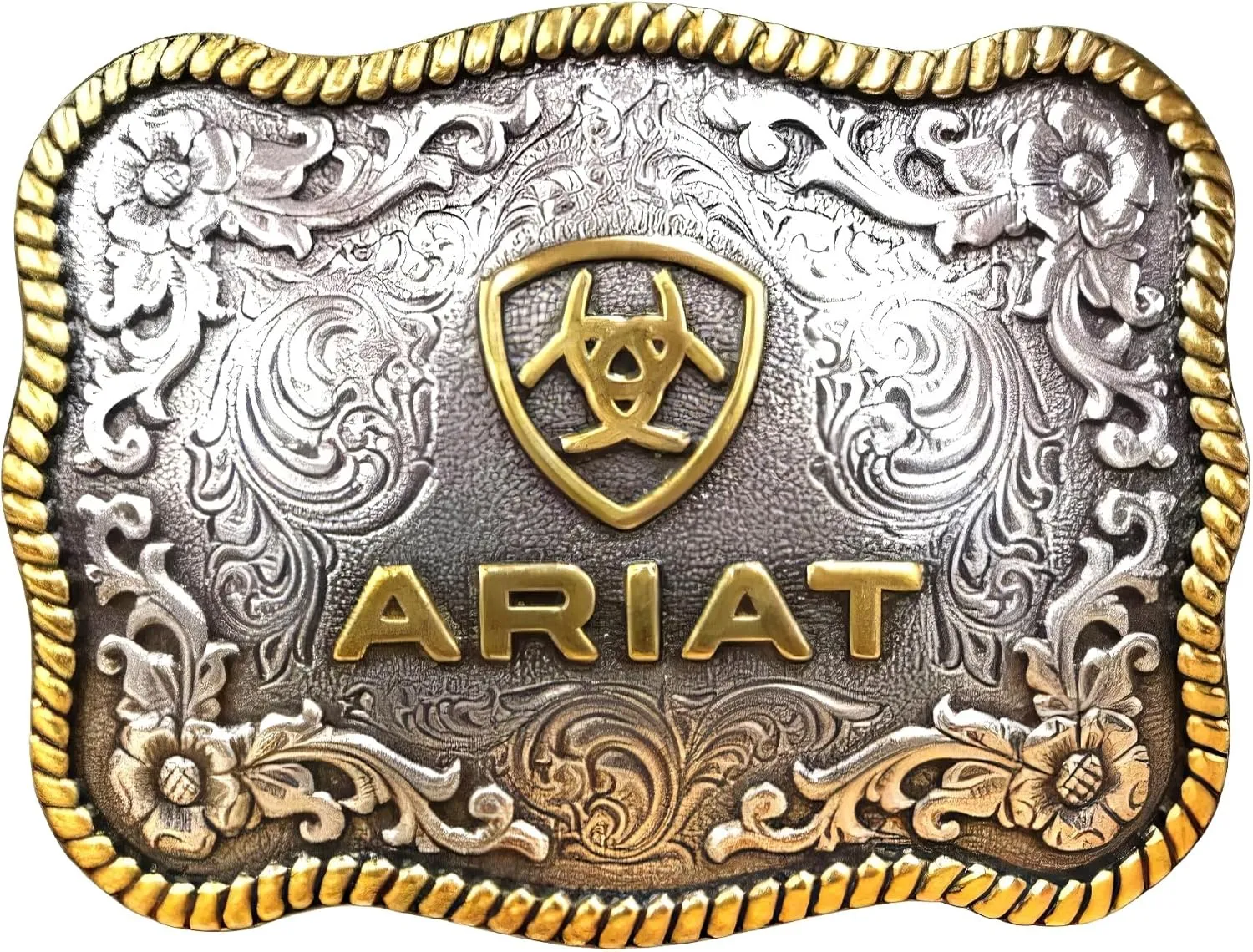 ARIAT Large Scalloped Shape Buckle with Logo, Floral and Scroll Detail, Twisted Rope Trim, 3.75"x 2.75"