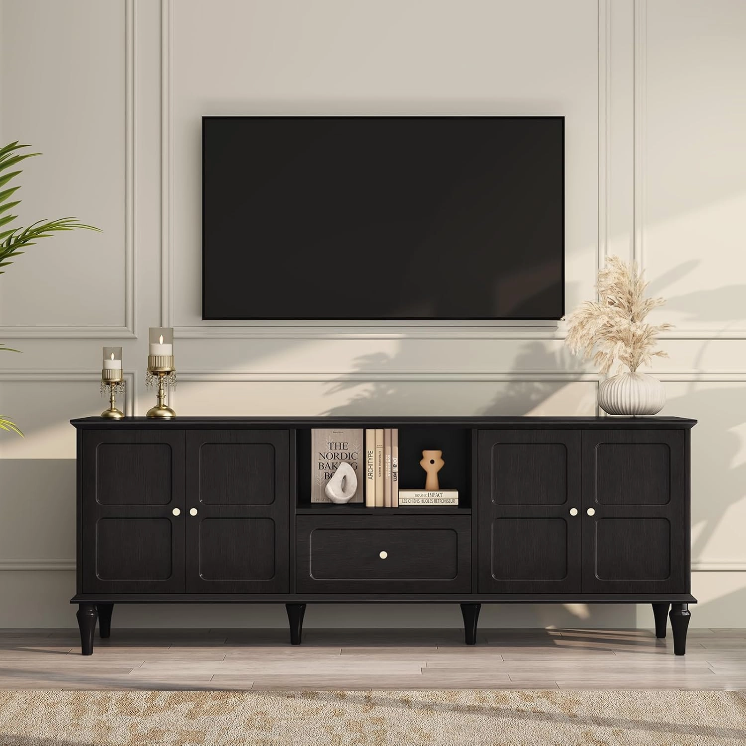 ARTPOWER 67'' Mid-Century Modern TV Stand with Storage Drawer and Doors, Long TV Stand with Adjustable Shelves for 75 Inch TV for Living Room, Bedroom, Black