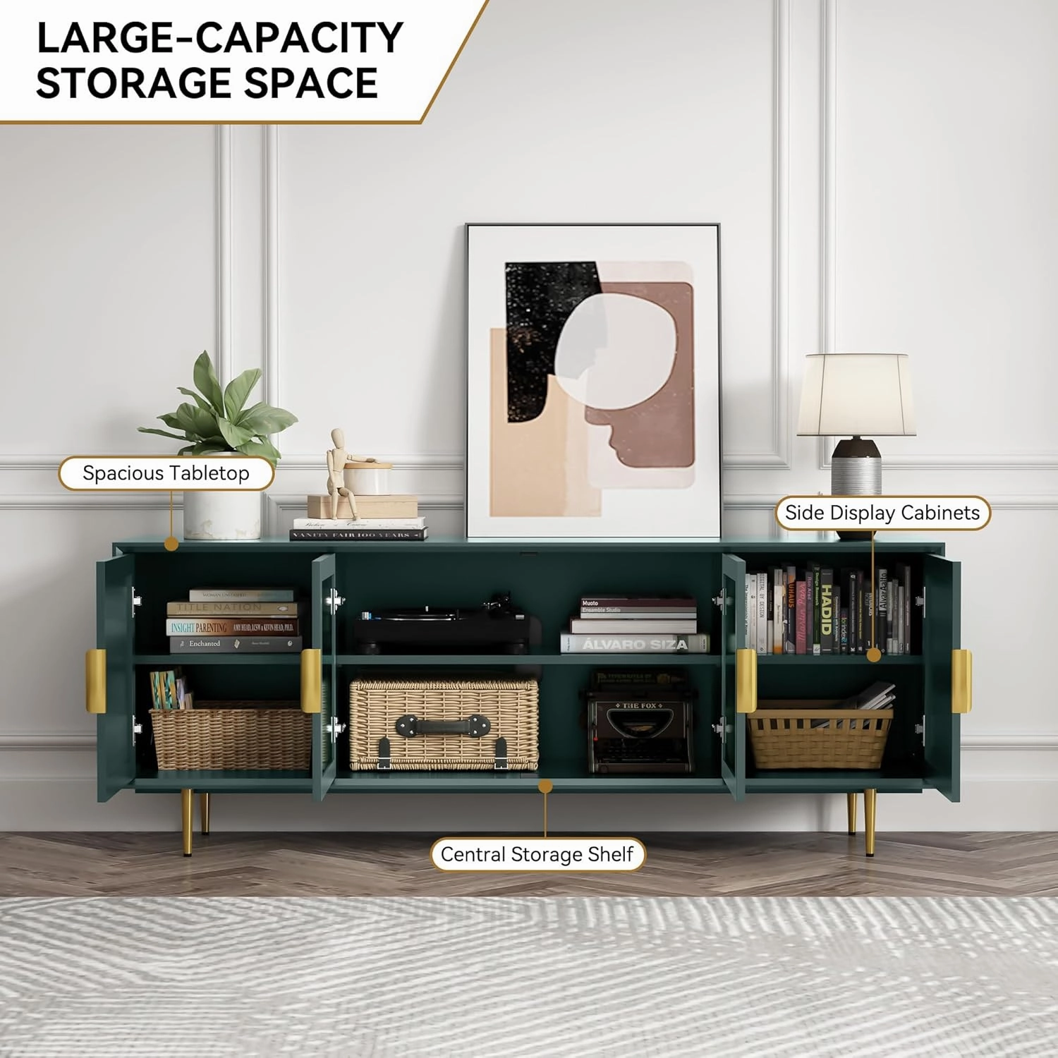 ARTPOWER Modern TV Stand for TVs up to 70  inch, Glass Door Television Console Table with Gold Leg, Entertainment Center with Storage Cabinet, Wood Media Furniture for Bedroom, Living Room, Green