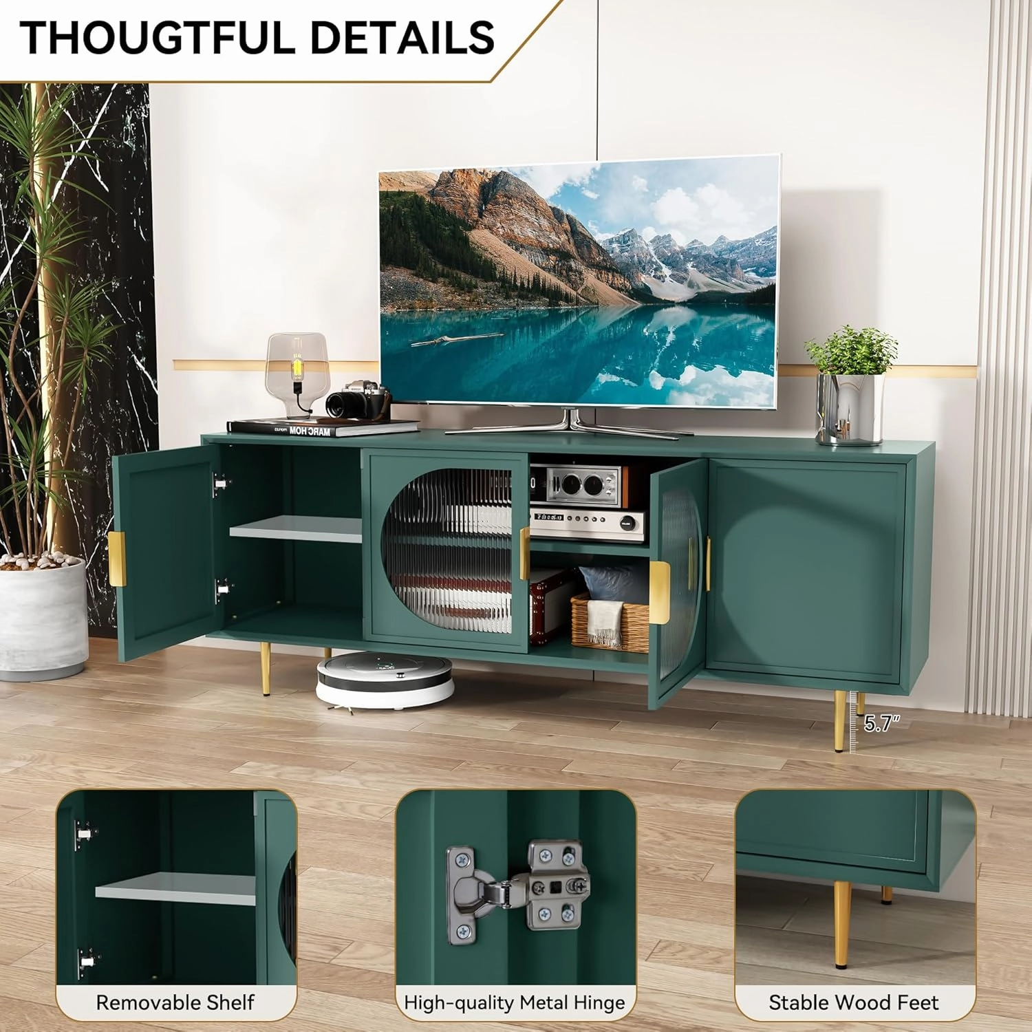 ARTPOWER Modern TV Stand for TVs up to 70  inch, Glass Door Television Console Table with Gold Leg, Entertainment Center with Storage Cabinet, Wood Media Furniture for Bedroom, Living Room, Green