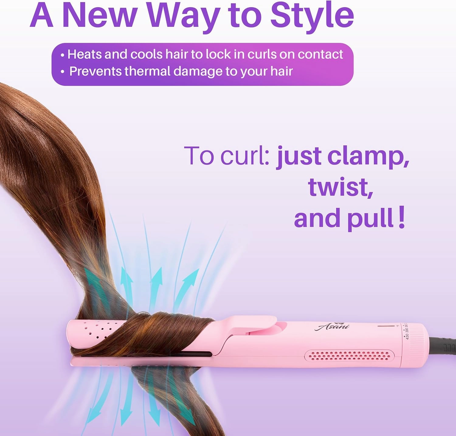 Asani 360° Airflow Styler - 2-in-1 Professional Curling Wand & Hair Straightener - Flat Iron Curler with Cooling Fan, Air Vents - Crimper Styling Tool for Volume & All-Day Curls - for All Hair (Pink)