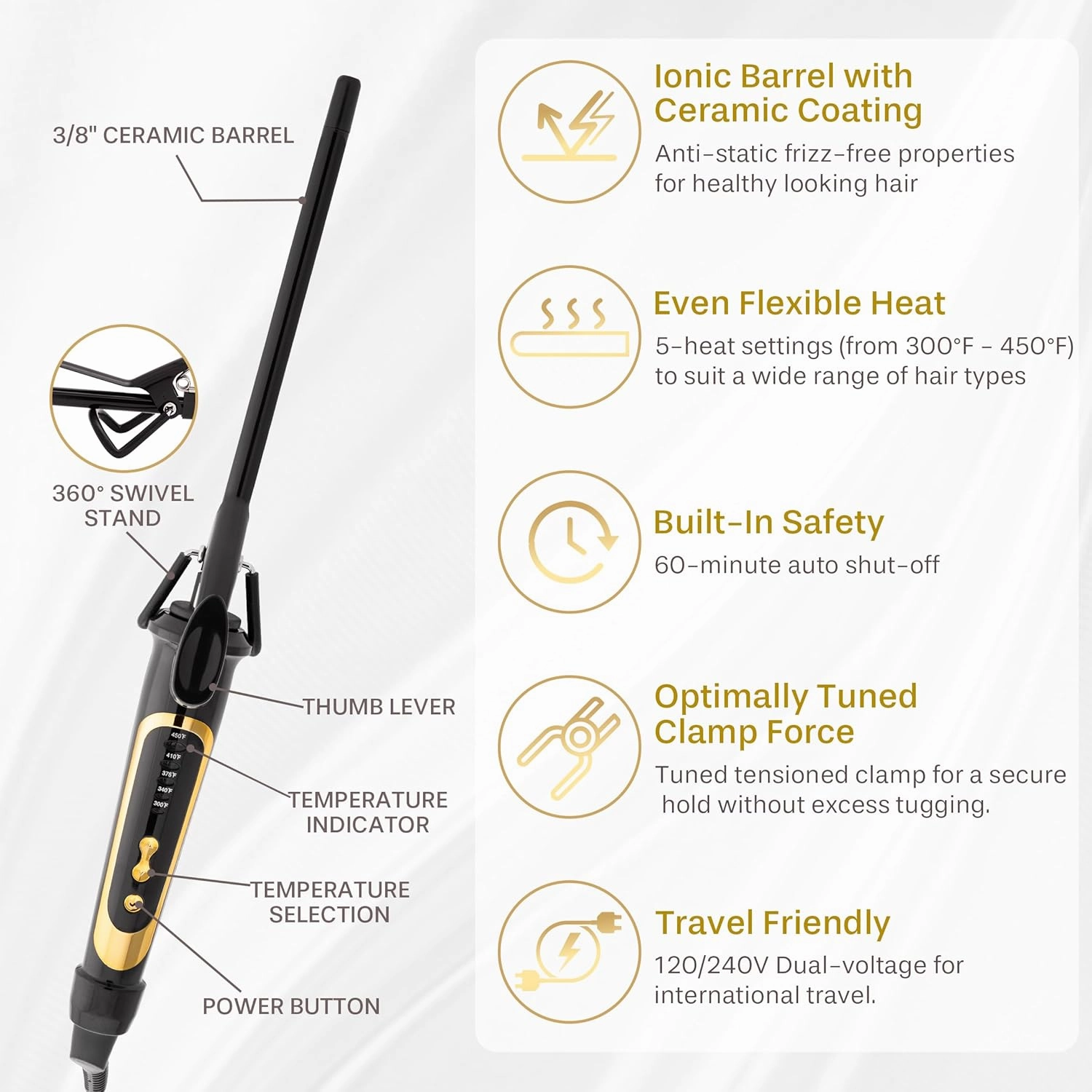 Asani Curling Iron Hair Wand Creates Tight Curls, Clearly Defined Spiral Curls & Ringlets - Extra-Slim Hair Styling Curler for Short & Long Hairs - Ceramic Coating Barrel, Heats Up to 450°F (3/8 inch)