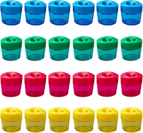 AUSTARK 24Pcs Pencil Sharpener Manual, Assorted Color Small Dual Hole Pencil Sharpeners Bulk with Lid for School Office Home (Oval-24)
