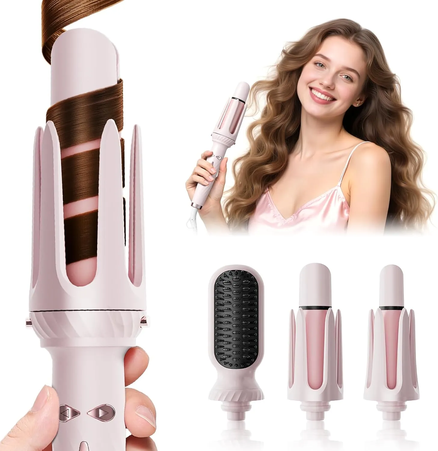 Automatic Rotating Curler, Beach Wave Curling Wand, Portable Curling Iron, Dual Voltage, Lightweight and Portable, Ceramic Coated, Straightening Brush, 1inch and 1.25 inch 3-in-1, Pink