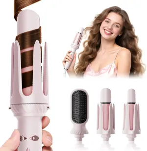 Automatic Rotating Curler, Beach Wave Curling Wand, Portable Curling Iron, Dual Voltage, Lightweight and Portable, Ceramic Coated, Straightening Brush, 1inch and 1.25 inch 3-in-1, Pink