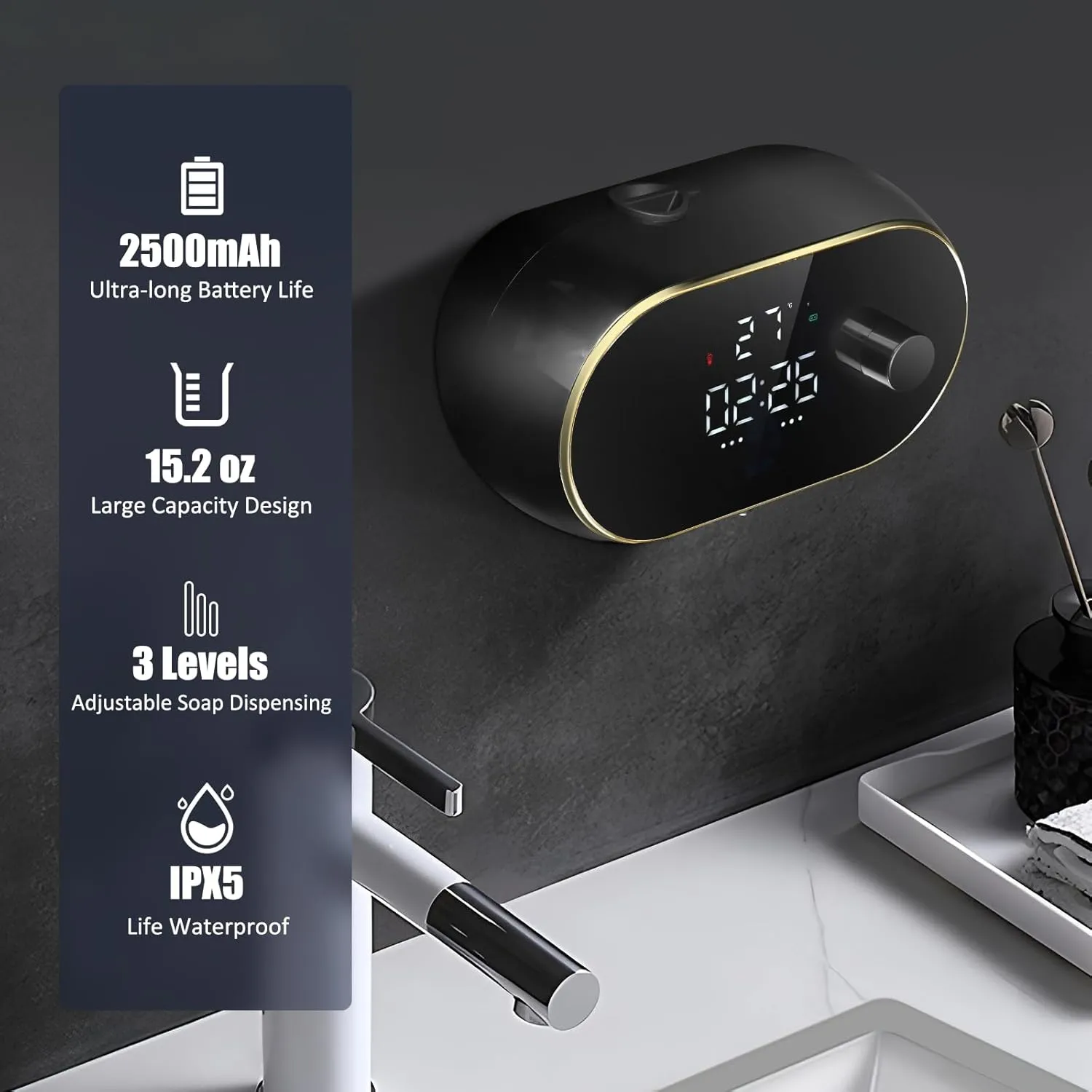 Automatic Soap Dispenser Liquid Bathroom: Wall Mount Rechargeable Touchless Adjustable Auto Smart Electric Plastic Black Soap Dispenser with Clock - Kitchen - Hand Dish Lotion Couple Kids