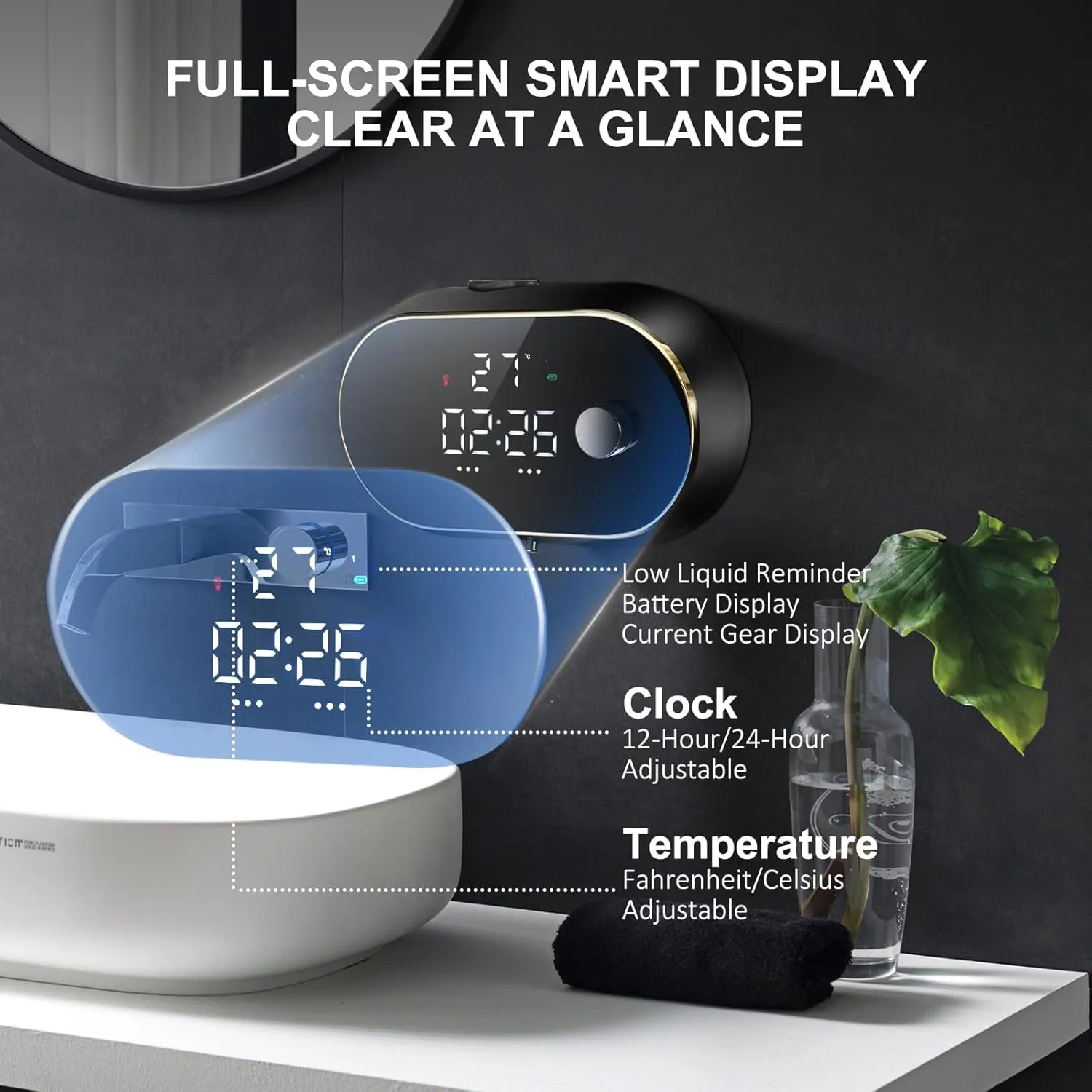 Automatic Soap Dispenser Liquid Bathroom: Wall Mount Rechargeable Touchless Adjustable Auto Smart Electric Plastic Black Soap Dispenser with Clock - Kitchen - Hand Dish Lotion Couple Kids