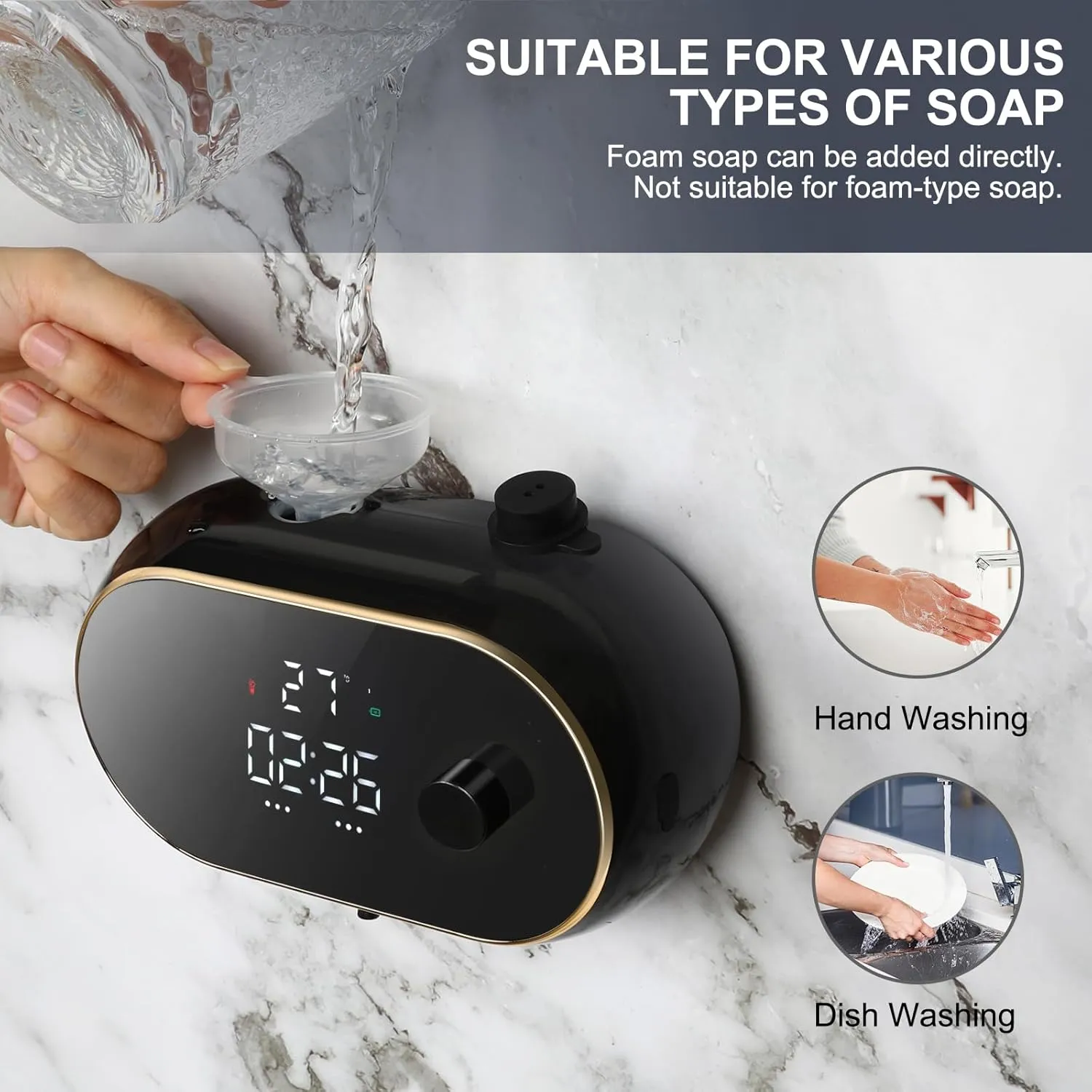 Automatic Soap Dispenser Liquid Bathroom: Wall Mount Rechargeable Touchless Adjustable Auto Smart Electric Plastic Black Soap Dispenser with Clock - Kitchen - Hand Dish Lotion Couple Kids