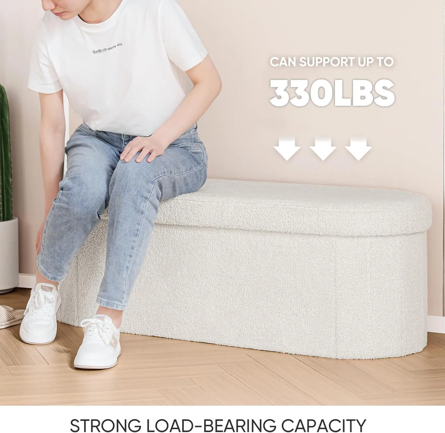 B FSOBEIIALEO Ottoman with Storage for Living Room, Sherpa Folding Storage Ottoman Foot Rest, 43.3 Inches Collapsible Bedroom Bench Cream White