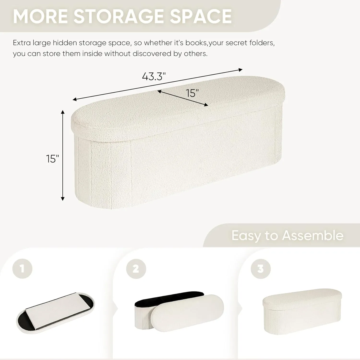 B FSOBEIIALEO Ottoman with Storage for Living Room, Sherpa Folding Storage Ottoman Foot Rest, 43.3 Inches Collapsible Bedroom Bench Cream White