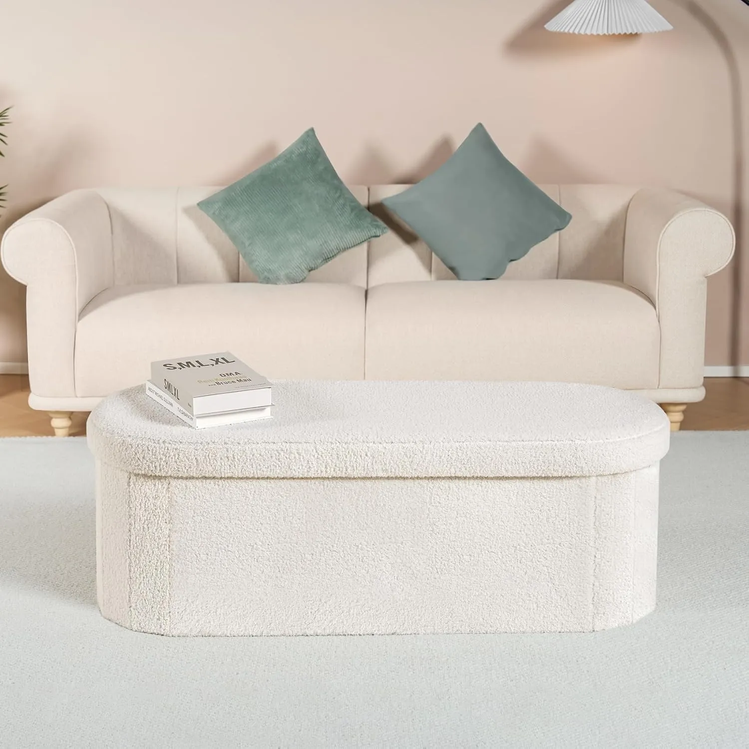B FSOBEIIALEO Ottoman with Storage for Living Room, Sherpa Folding Storage Ottoman Foot Rest, 43.3 Inches Collapsible Bedroom Bench Cream White