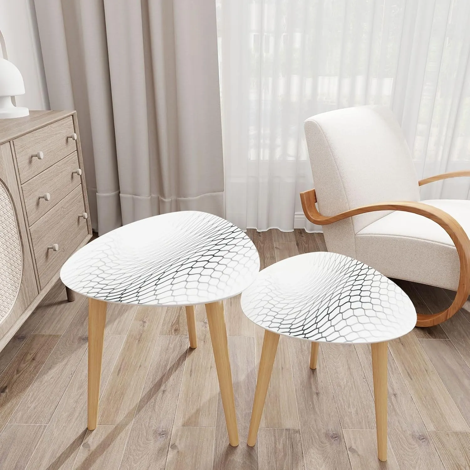 Bamboo Nesting Triangle End Table Mesh Texture for Fishing nets Seamless Pattern for Sportswear Soccer Modern Minimalist Side Coffe Tea Table Set of 2 for Living Room Bedroom Balcony