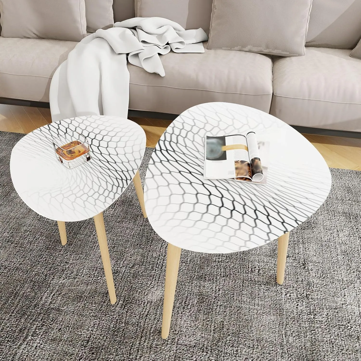 Bamboo Nesting Triangle End Table Mesh Texture for Fishing nets Seamless Pattern for Sportswear Soccer Modern Minimalist Side Coffe Tea Table Set of 2 for Living Room Bedroom Balcony