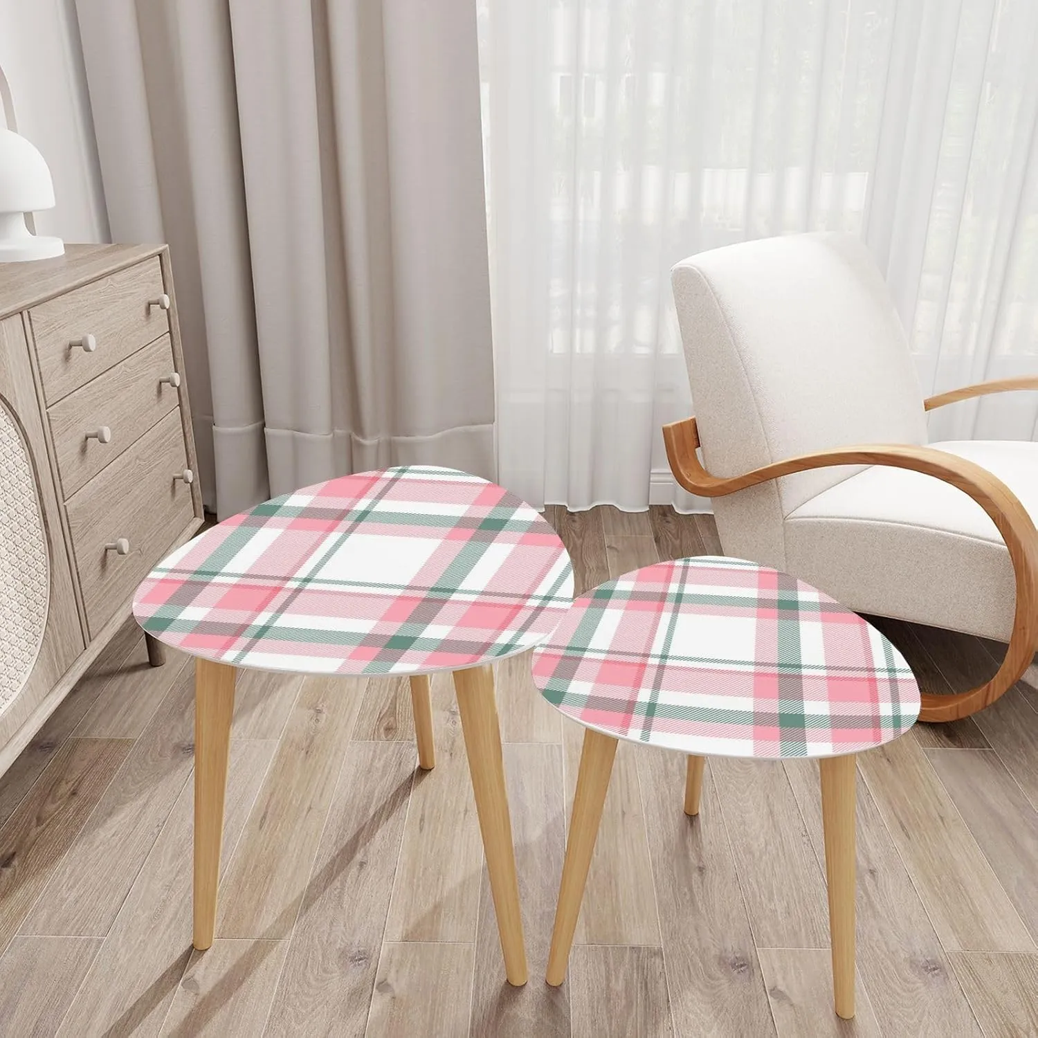 Bamboo Nesting Triangle End Table Seamless Abstract Pink Plaid Christmas Pattern for Holiday Trend Modern Minimalist Side Coffe Tea Table Set of 2 for Living Room Bedroom Balcony