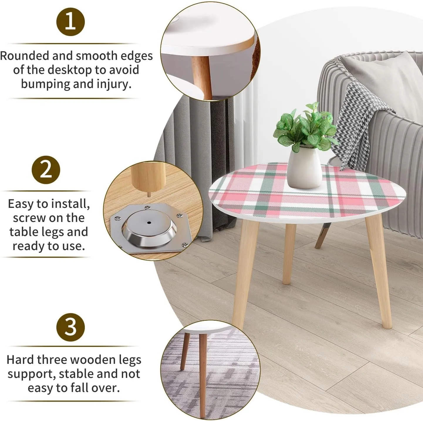 Bamboo Nesting Triangle End Table Seamless Abstract Pink Plaid Christmas Pattern for Holiday Trend Modern Minimalist Side Coffe Tea Table Set of 2 for Living Room Bedroom Balcony