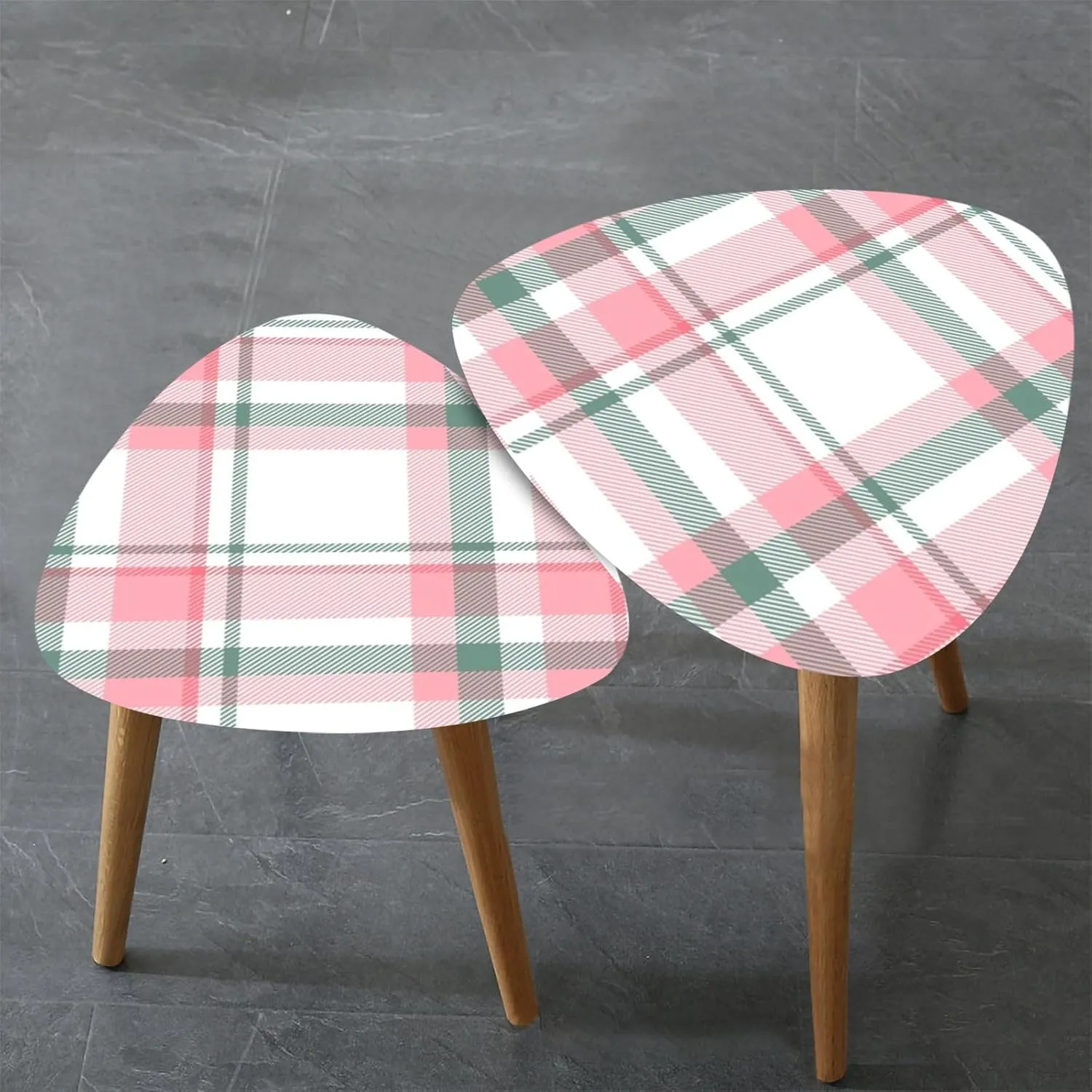 Bamboo Nesting Triangle End Table Seamless Abstract Pink Plaid Christmas Pattern for Holiday Trend Modern Minimalist Side Coffe Tea Table Set of 2 for Living Room Bedroom Balcony