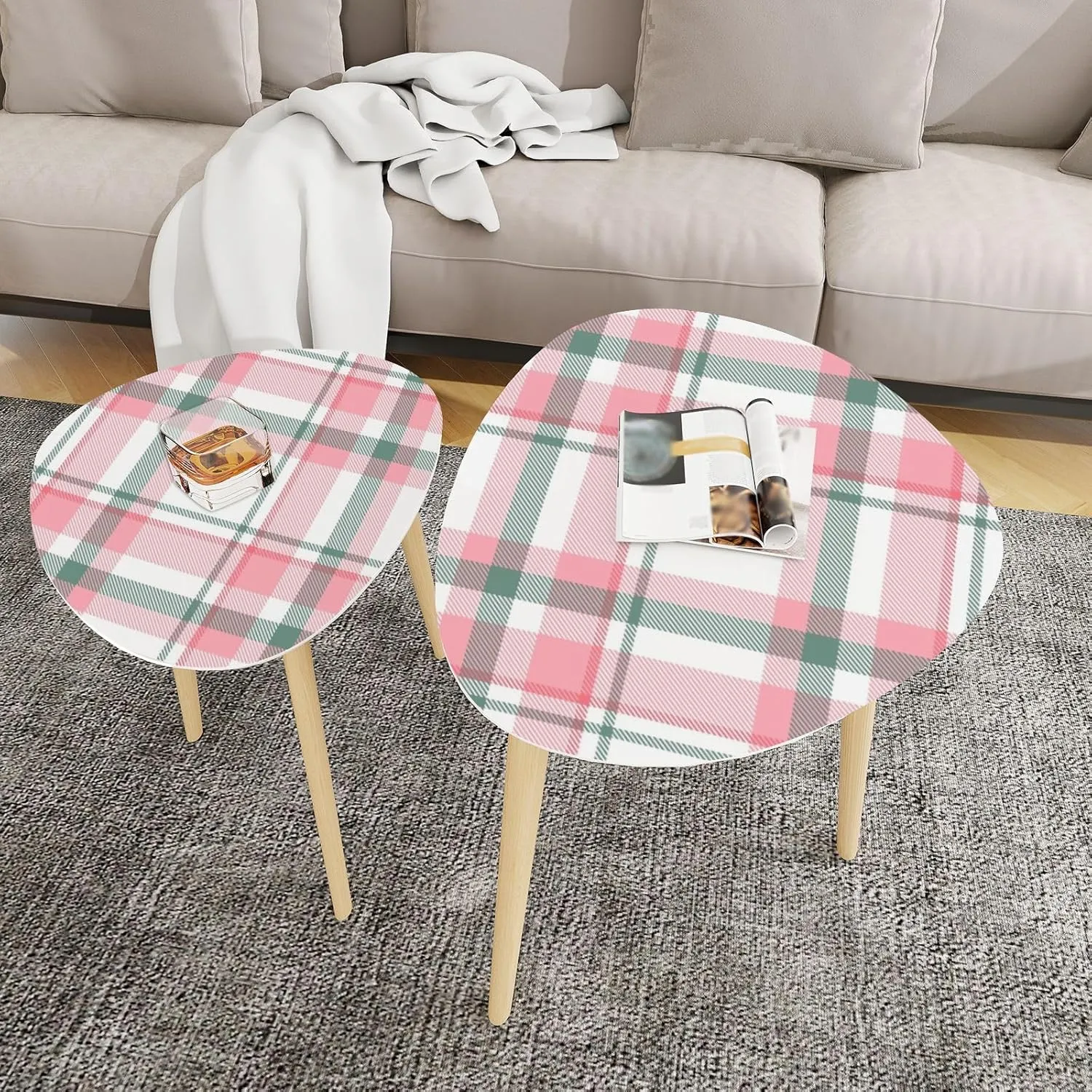 Bamboo Nesting Triangle End Table Seamless Abstract Pink Plaid Christmas Pattern for Holiday Trend Modern Minimalist Side Coffe Tea Table Set of 2 for Living Room Bedroom Balcony