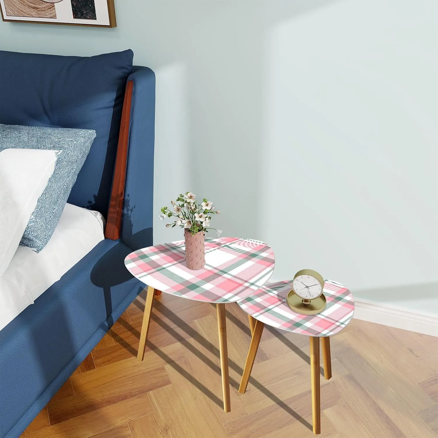 Bamboo Nesting Triangle End Table Seamless Abstract Pink Plaid Christmas Pattern for Holiday Trend Modern Minimalist Side Coffe Tea Table Set of 2 for Living Room Bedroom Balcony