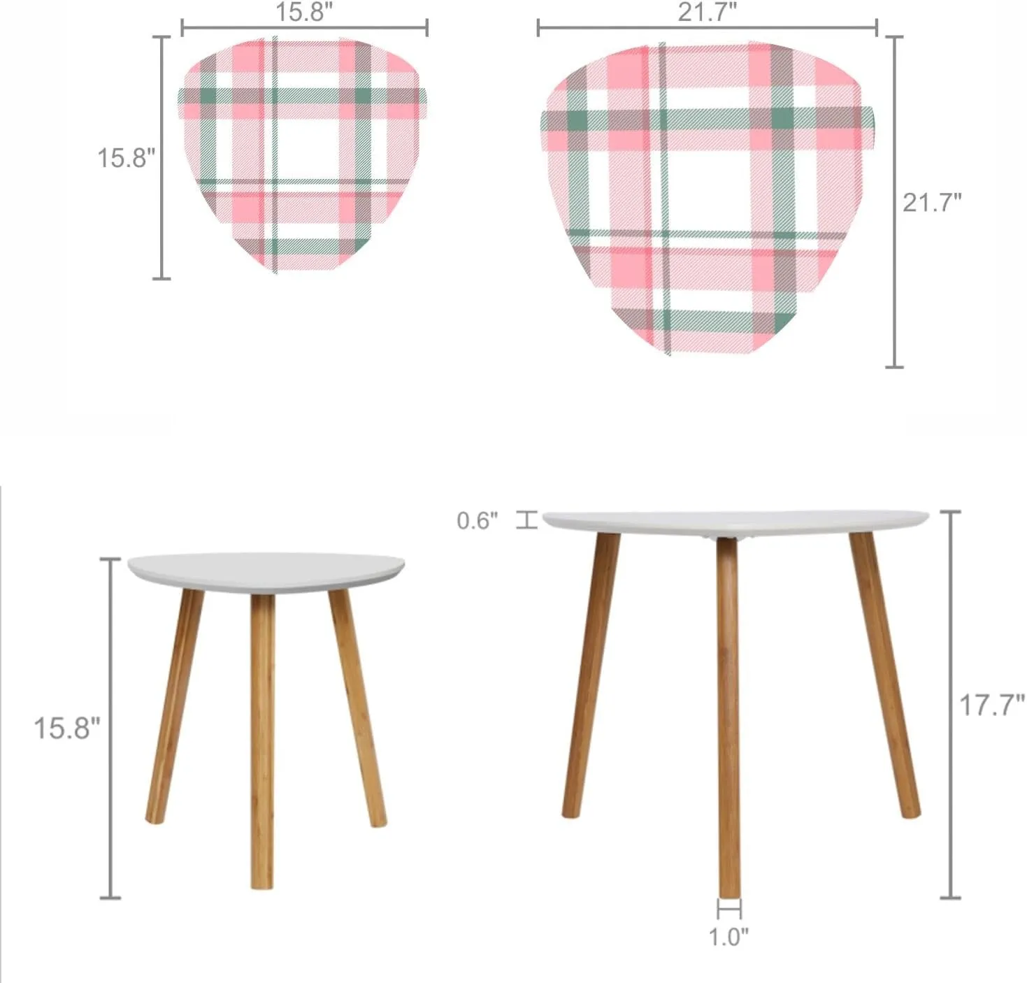 Bamboo Nesting Triangle End Table Seamless Abstract Pink Plaid Christmas Pattern for Holiday Trend Modern Minimalist Side Coffe Tea Table Set of 2 for Living Room Bedroom Balcony