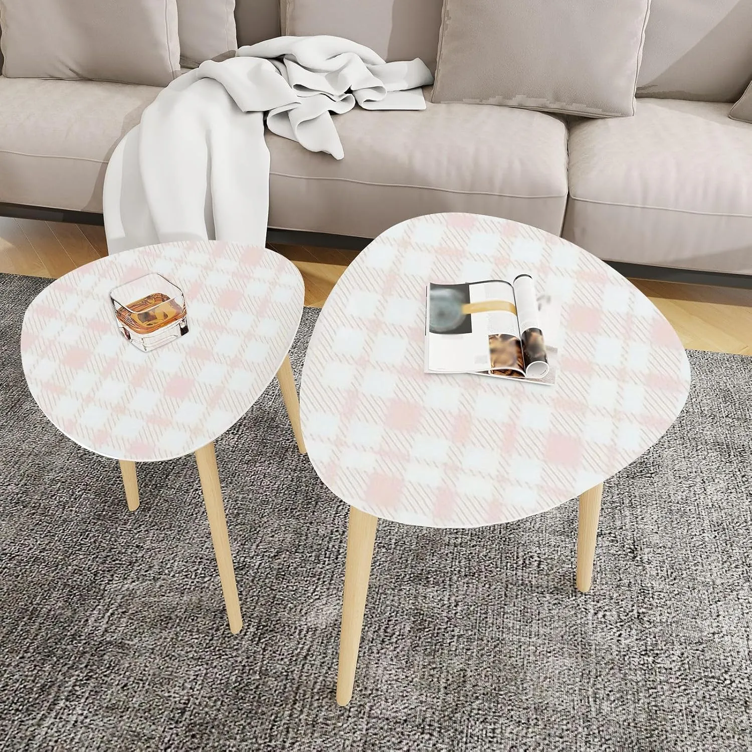 Bamboo Nesting Triangle End Table Seamless Pattern Plaid Trend Colors Pink White Abstract Tar tan Modern Minimalist Side Coffe Tea Table Set of 2 for Living Room Bedroom Balcony