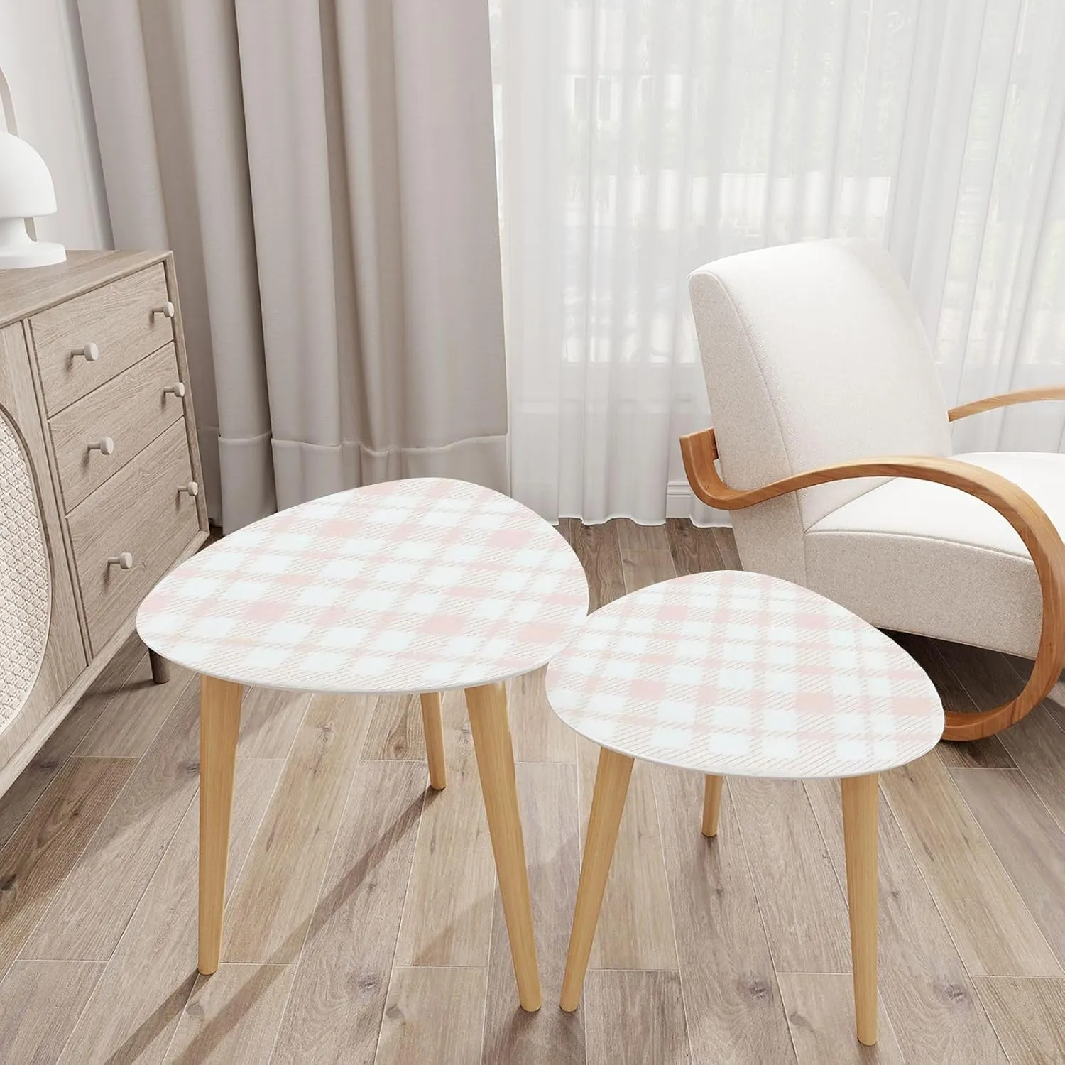 Bamboo Nesting Triangle End Table Seamless Pattern Plaid Trend Colors Pink White Abstract Tar tan Modern Minimalist Side Coffe Tea Table Set of 2 for Living Room Bedroom Balcony