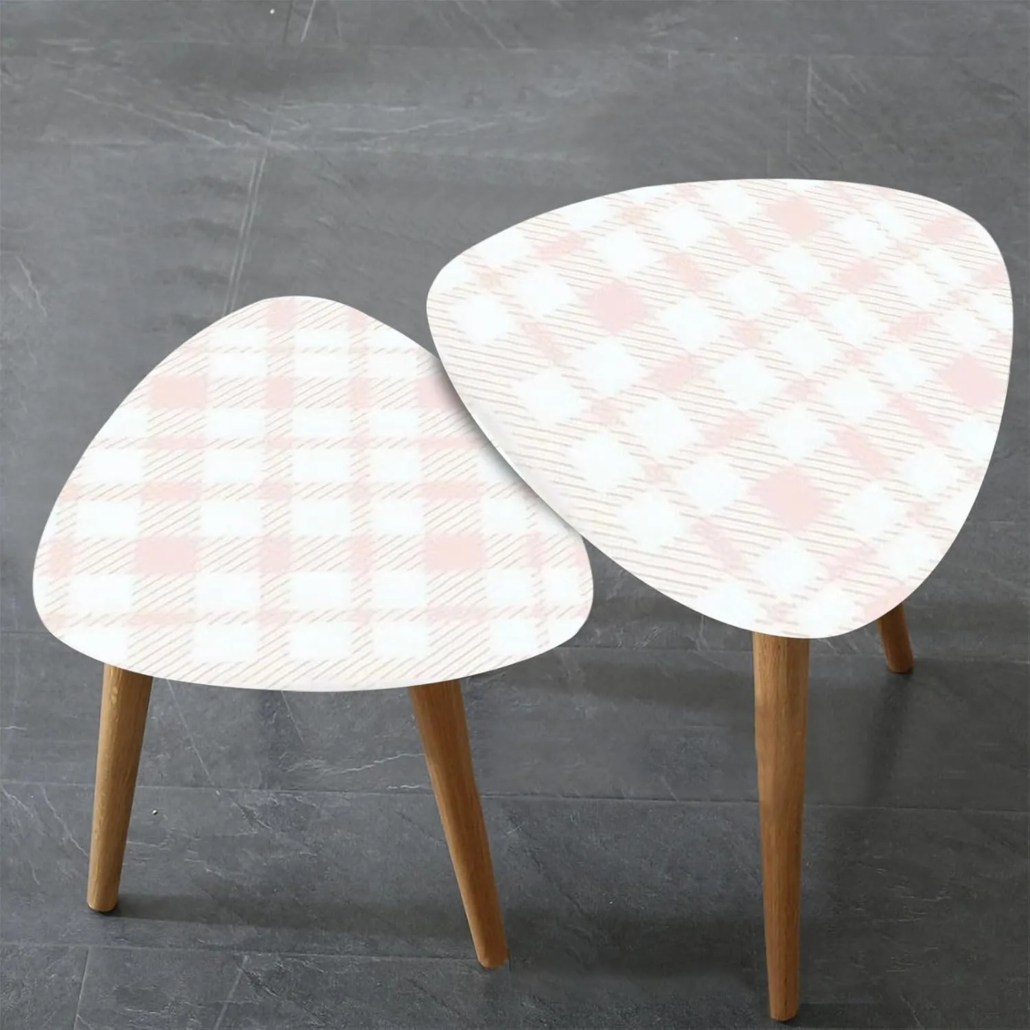 Bamboo Nesting Triangle End Table Seamless Pattern Plaid Trend Colors Pink White Abstract Tar tan Modern Minimalist Side Coffe Tea Table Set of 2 for Living Room Bedroom Balcony