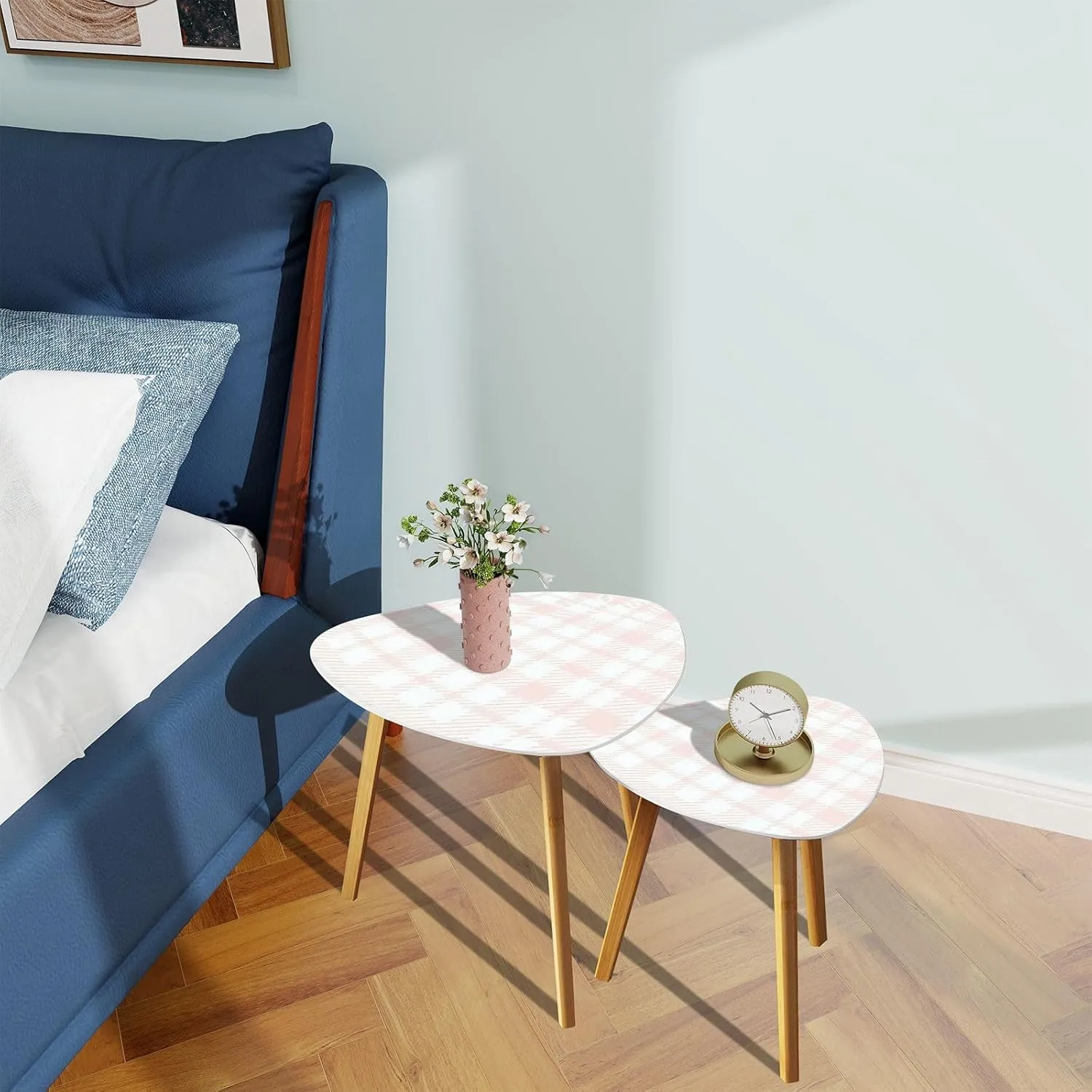 Bamboo Nesting Triangle End Table Seamless Pattern Plaid Trend Colors Pink White Abstract Tar tan Modern Minimalist Side Coffe Tea Table Set of 2 for Living Room Bedroom Balcony