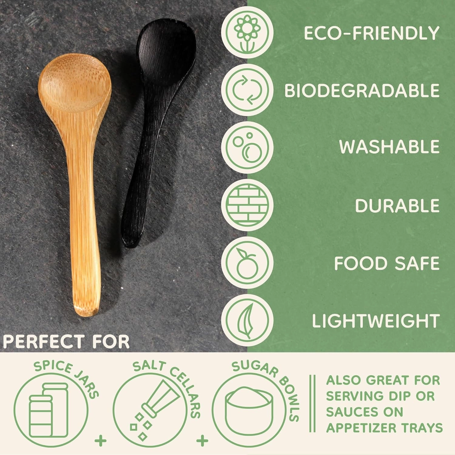 BambooMN Bamboo Serving Spoons, Mini Salt Sugar Spoon, Tiny Wooden Spoons for Spices, Black Oval 3.5", 30 Pieces