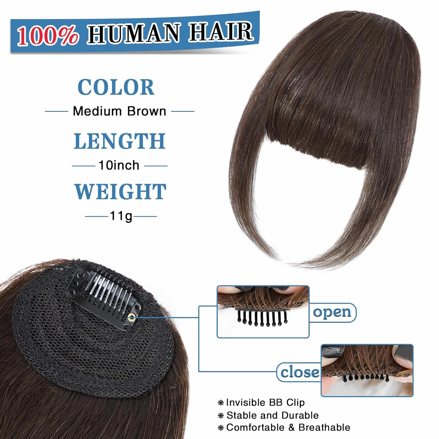 Bangs Hair Clip Human Hair Medium Brown French Bangs for Women Fringe with Temples Hairpieces Clip on Bangs for Daily Wear (Medium Brown, French Bangs)