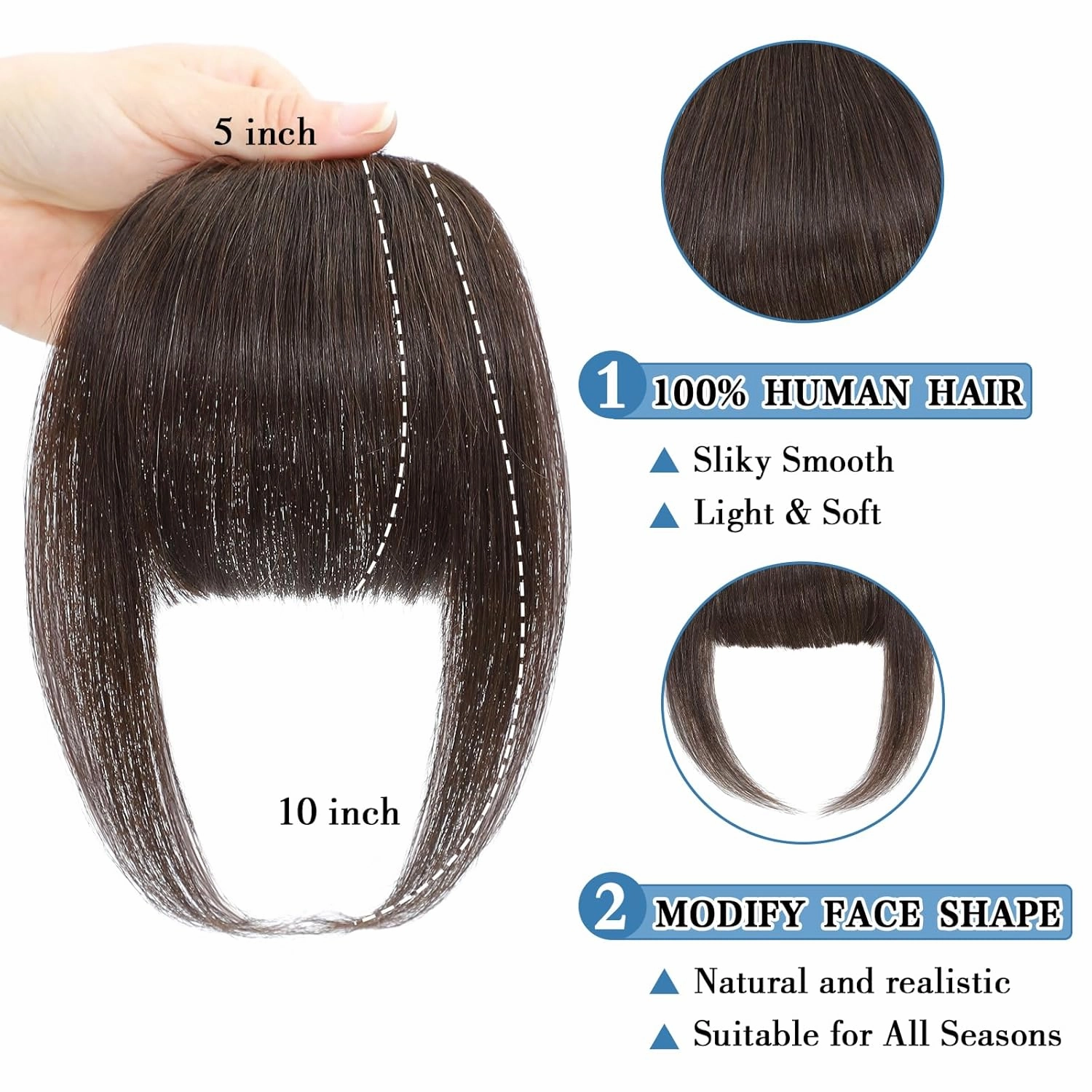 Bangs Hair Clip Human Hair Medium Brown French Bangs for Women Fringe with Temples Hairpieces Clip on Bangs for Daily Wear (Medium Brown, French Bangs)