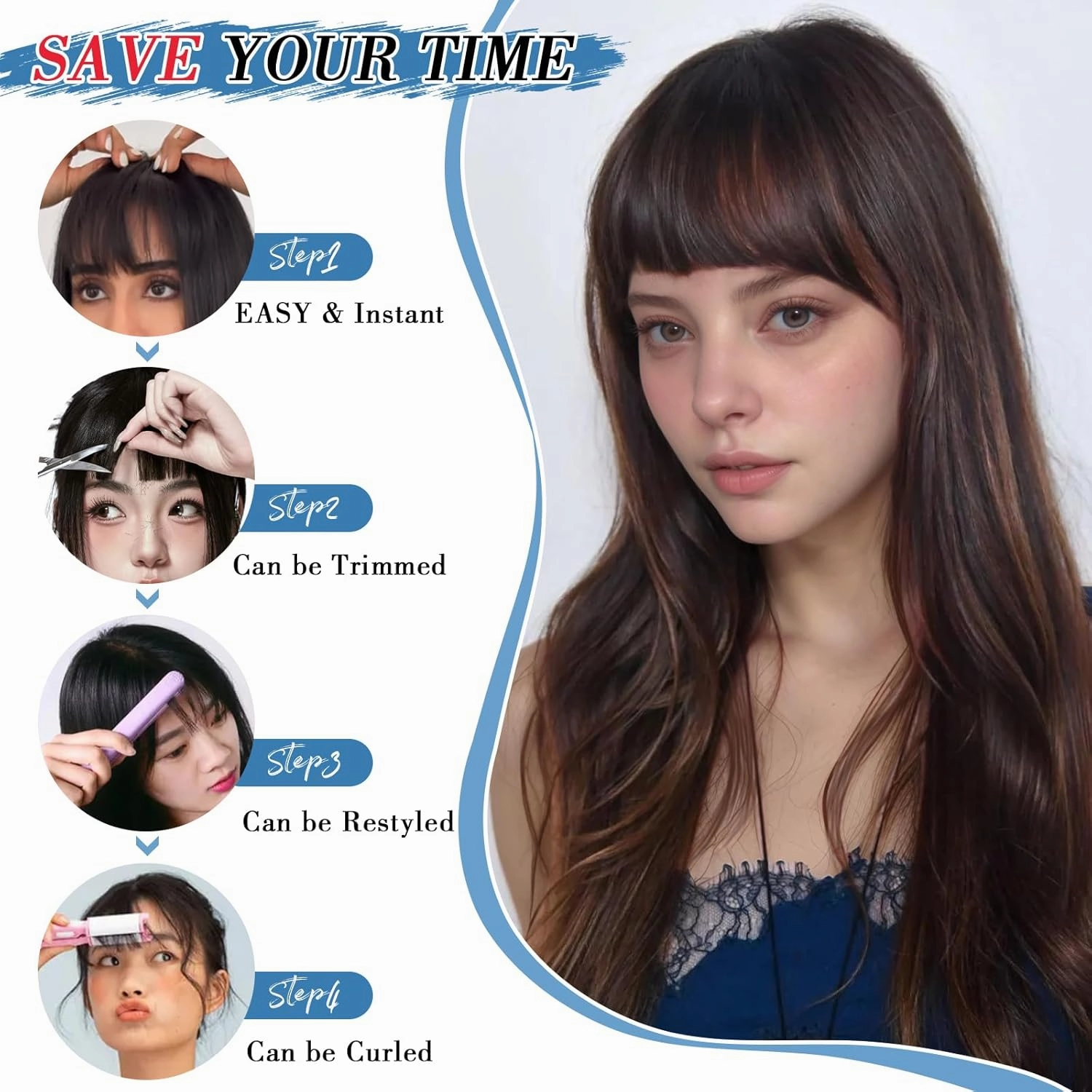 Bangs Hair Clip Human Hair Medium Brown French Bangs for Women Fringe with Temples Hairpieces Clip on Bangs for Daily Wear (Medium Brown, French Bangs)
