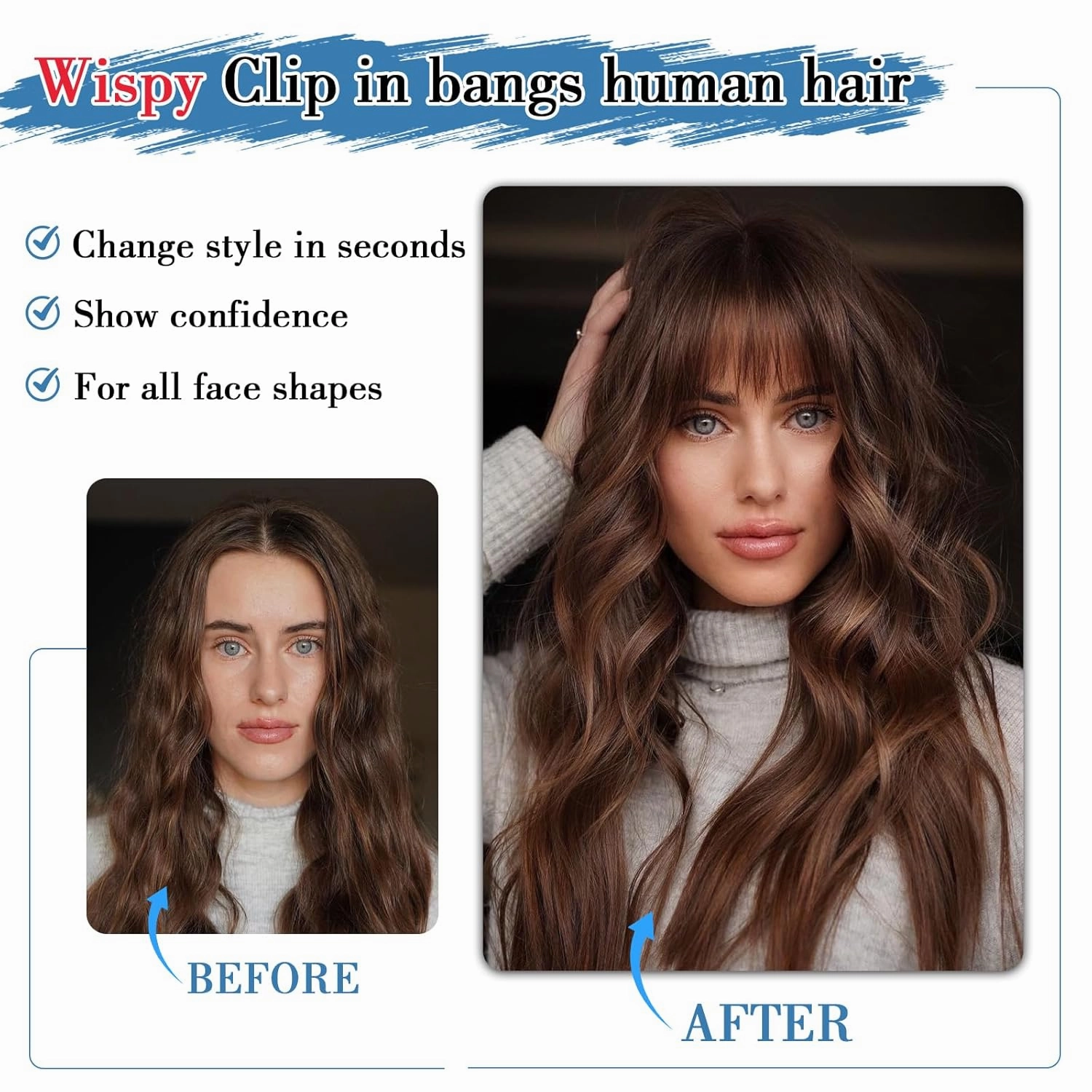 Bangs Hair Clip Human Hair Natural Black French Bangs for Women Fringe with Temples Hairpieces Clip on Bangs for Daily Wear (Natural Black, French Bangs)