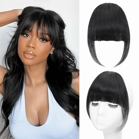 Bangs Hair Clip Human Hair Natural Black French Bangs for Women Fringe with Temples Hairpieces Clip on Bangs for Daily Wear (Natural Black, French Bangs)