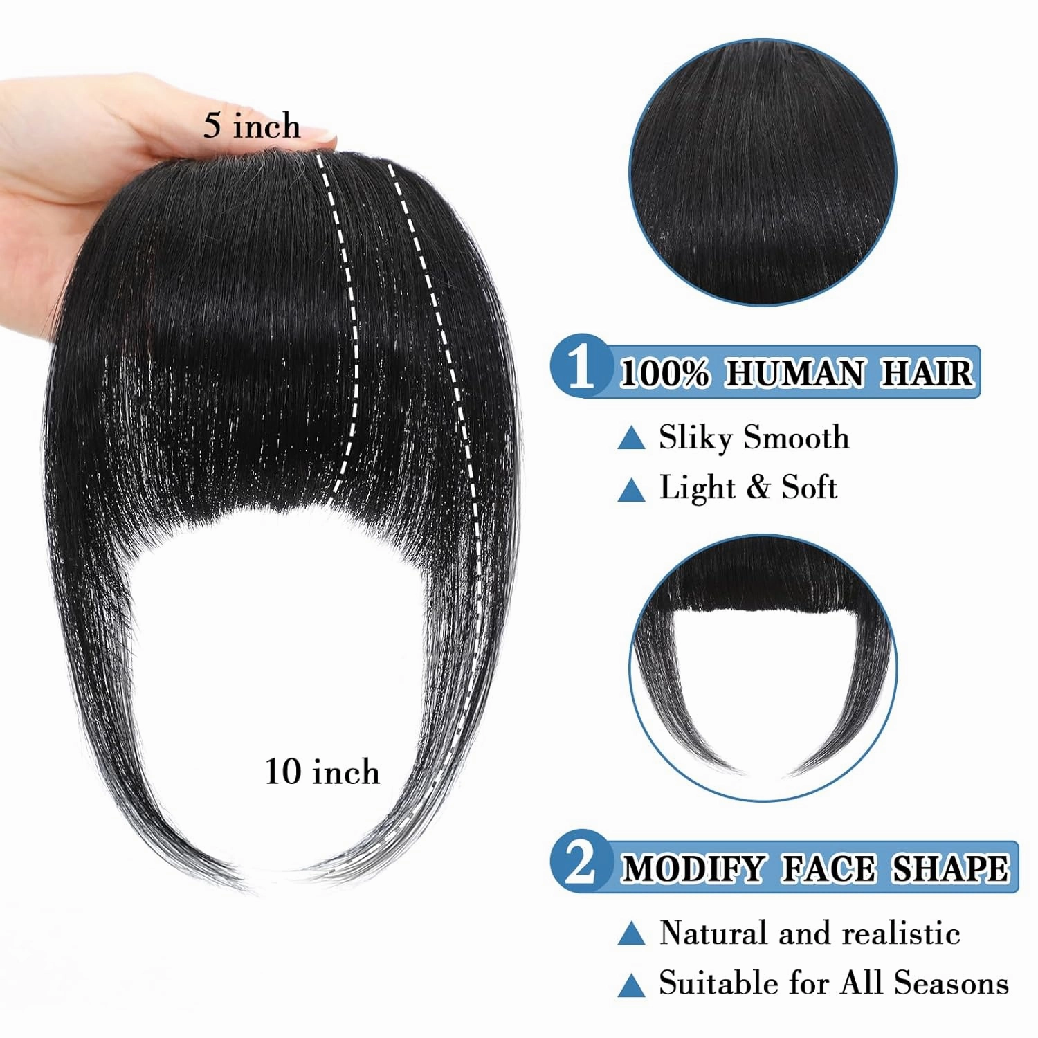 Bangs Hair Clip Human Hair Natural Black French Bangs for Women Fringe with Temples Hairpieces Clip on Bangs for Daily Wear (Natural Black, French Bangs)