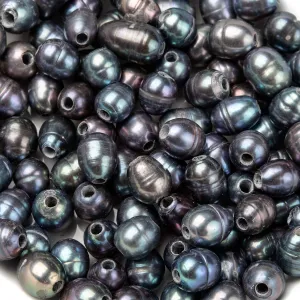 Beadthoven 100pcs 7-10mm Natural Oval Freshwater Pearl Beads 1.8mm Big Large Hole Rice Shape Pearls for Leather Cord Beading Jewelry Making DIY Crafts (Black)