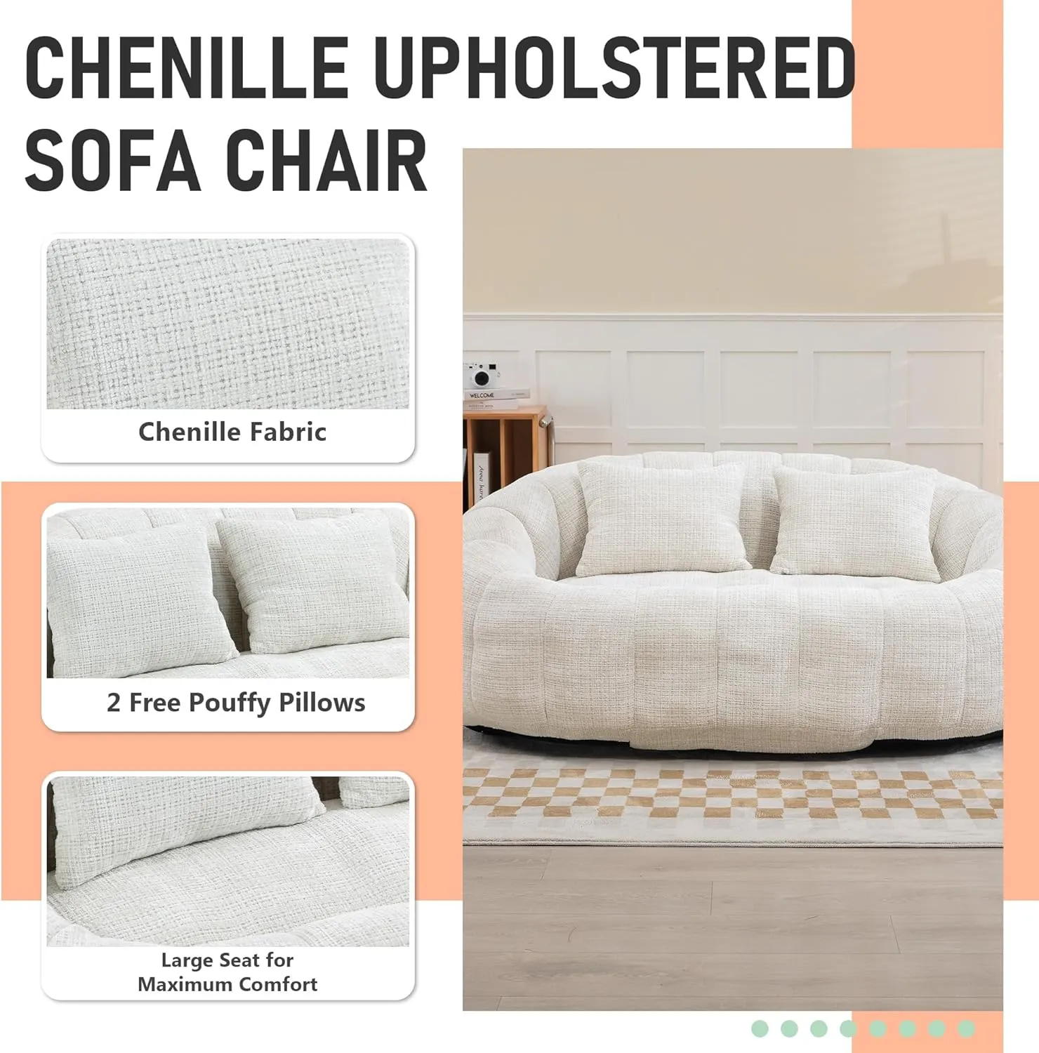 Bean Bag Sofa, Comfy Loveseat Sofa with 2 Pillows, Soft Giant Bean Bag Chair, Cozy Round Lazy Sofa with Wide Backrest for Living Room, Reading Room and Bedroom, Beige