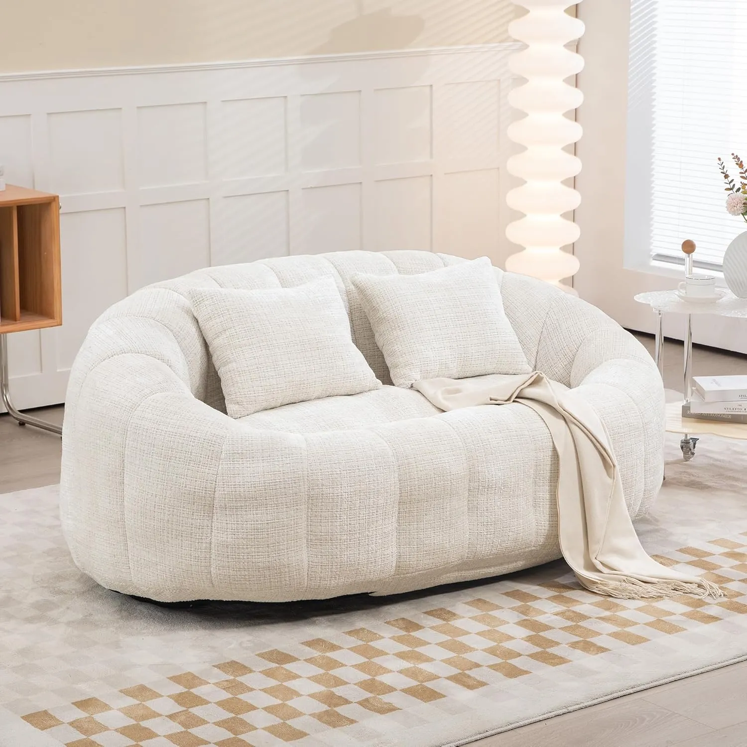 Bean Bag Sofa, Comfy Loveseat Sofa with 2 Pillows, Soft Giant Bean Bag Chair, Cozy Round Lazy Sofa with Wide Backrest for Living Room, Reading Room and Bedroom, Beige
