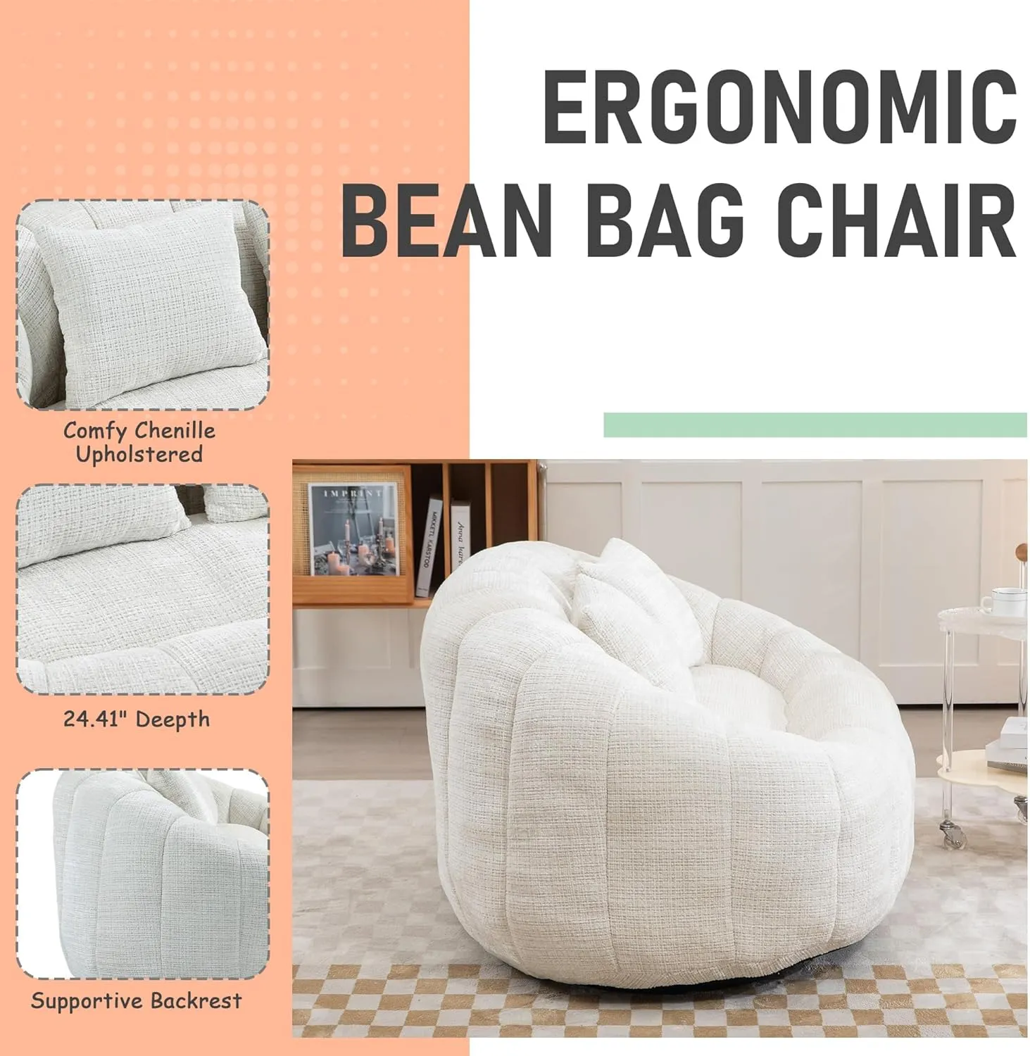 Bean Bag Sofa, Comfy Loveseat Sofa with 2 Pillows, Soft Giant Bean Bag Chair, Cozy Round Lazy Sofa with Wide Backrest for Living Room, Reading Room and Bedroom, Beige