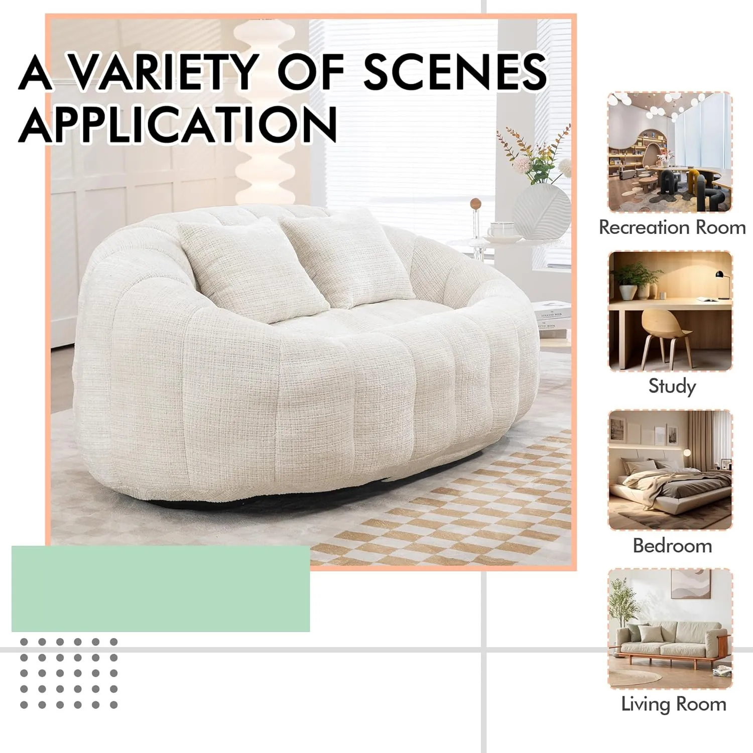 Bean Bag Sofa, Comfy Loveseat Sofa with 2 Pillows, Soft Giant Bean Bag Chair, Cozy Round Lazy Sofa with Wide Backrest for Living Room, Reading Room and Bedroom, Beige