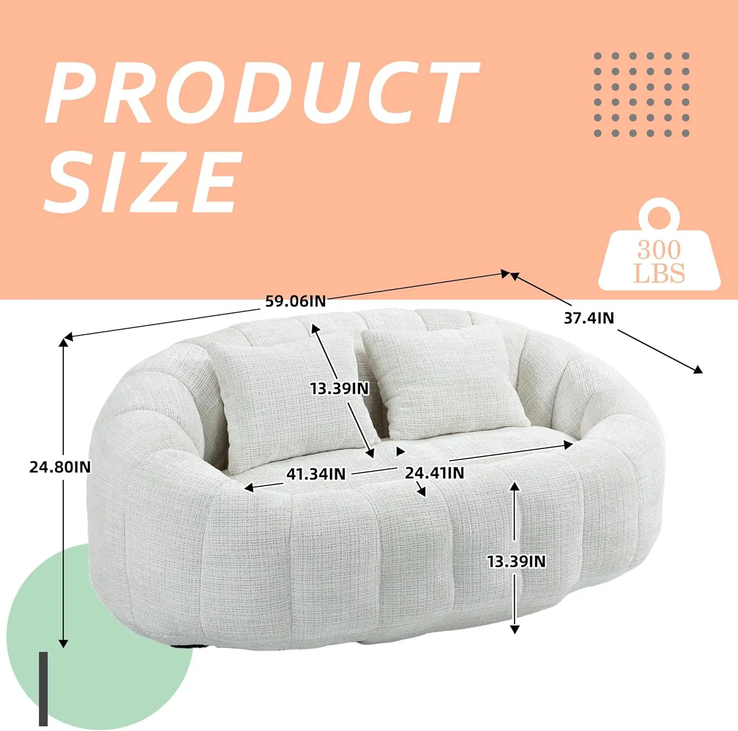 Bean Bag Sofa, Comfy Loveseat Sofa with 2 Pillows, Soft Giant Bean Bag Chair, Cozy Round Lazy Sofa with Wide Backrest for Living Room, Reading Room and Bedroom, Beige