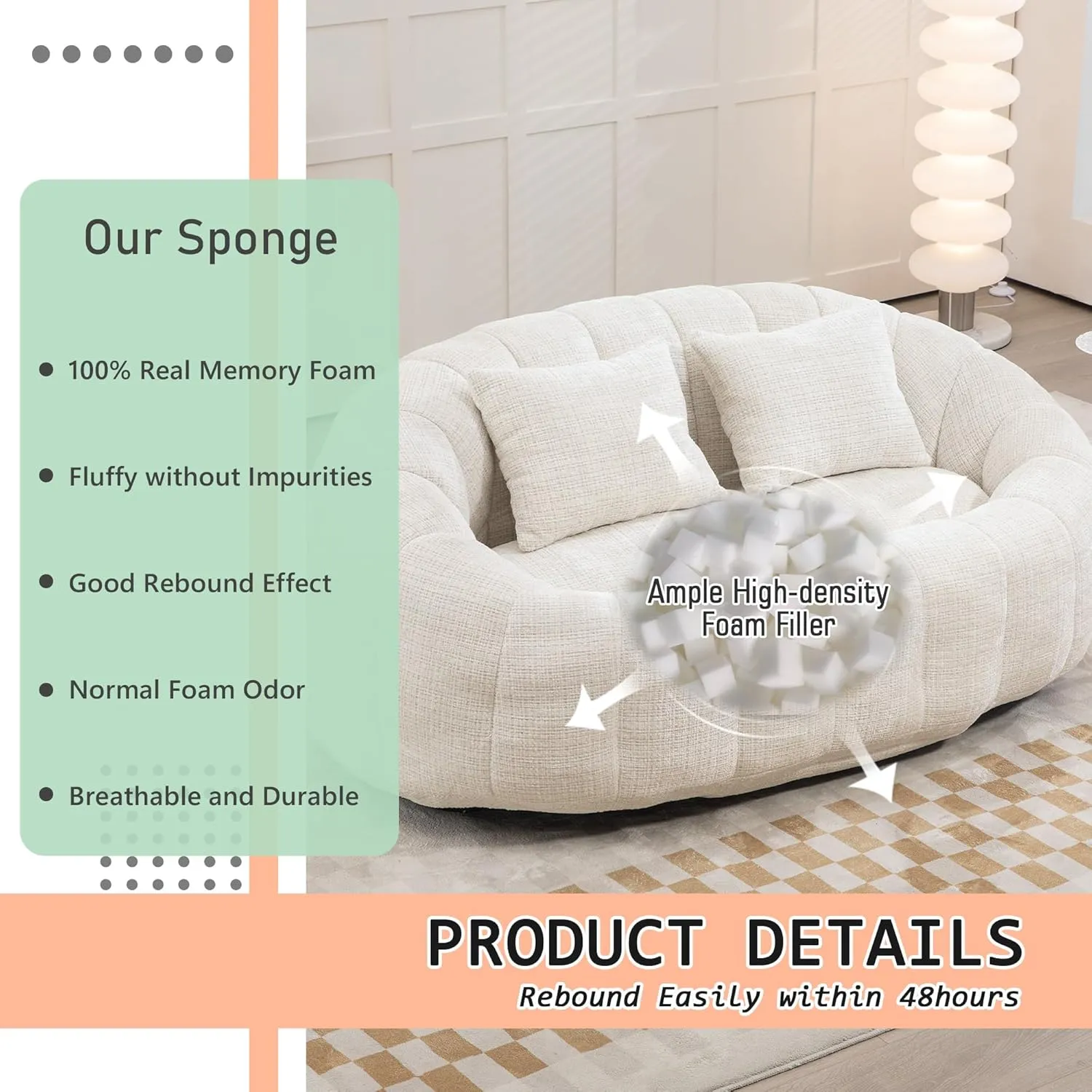 Bean Bag Sofa, Comfy Loveseat Sofa with 2 Pillows, Soft Giant Bean Bag Chair, Cozy Round Lazy Sofa with Wide Backrest for Living Room, Reading Room and Bedroom, Beige