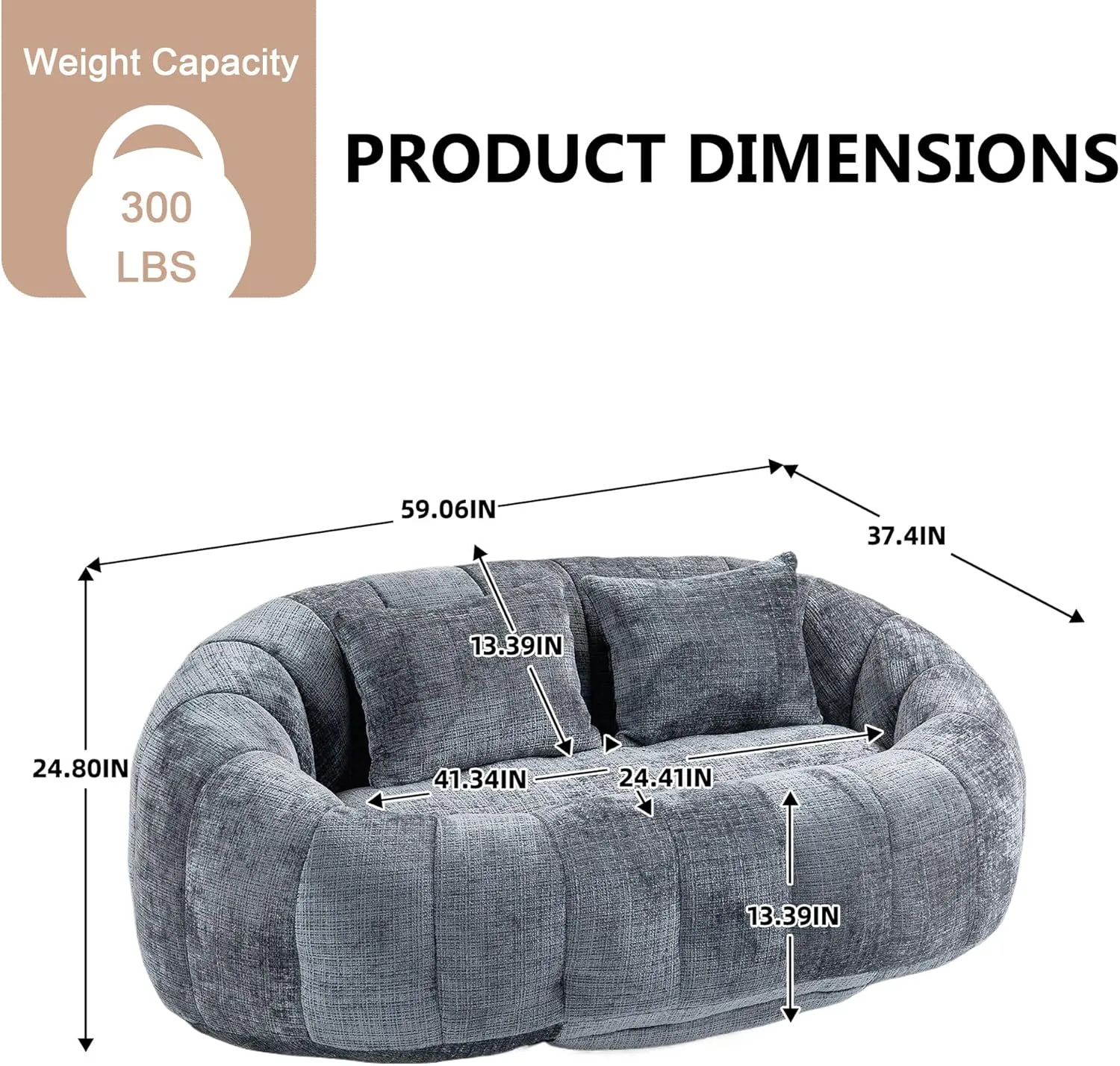 Bean Bag Sofa, Comfy Loveseat with 2 Pillows, Soft Giant Bean Bag Chair, Cozy Round Lazy Sofa with Wide Backrest for Living Room, Reading Room and Bedroom, Gray